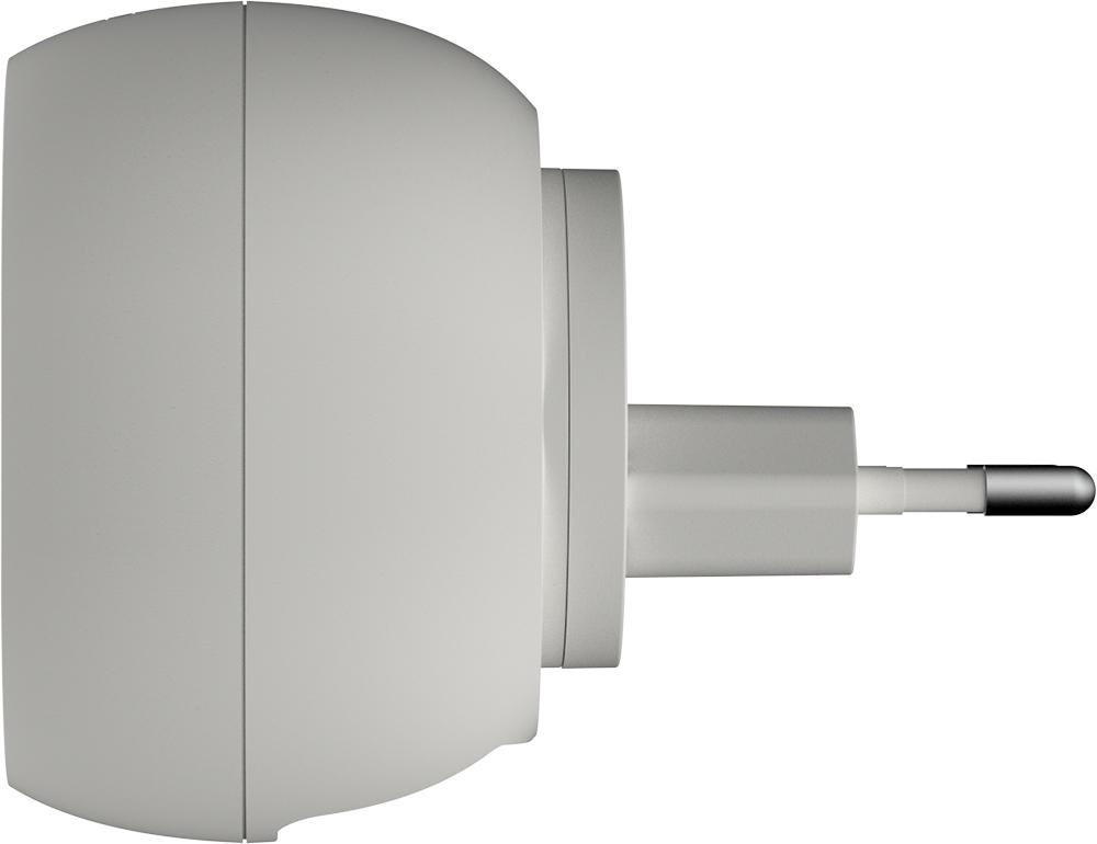 Weißer Adapter mit Steckerstiften. Der Stecker ist horizontal.