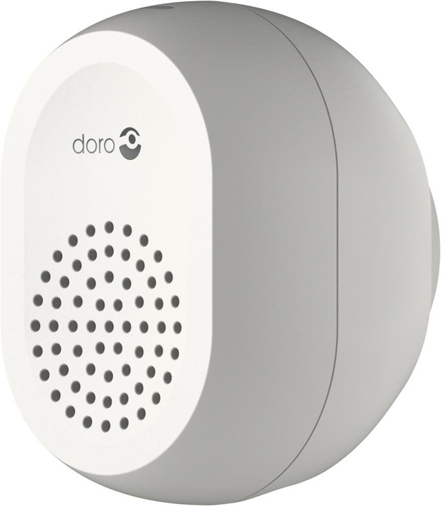 Weißes Gerät mit Lautsprecherlöchern und dem Wort "doro" vorne.