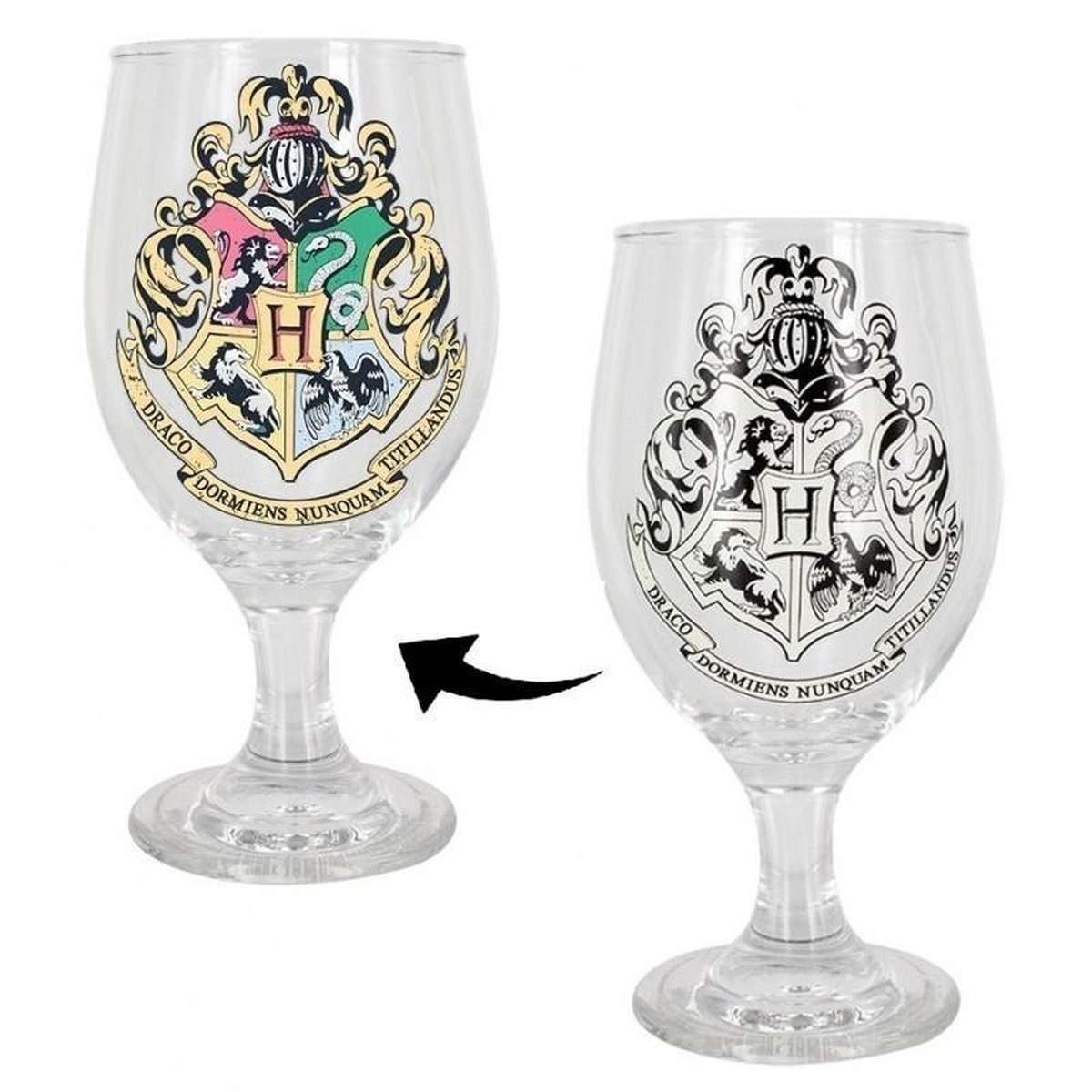 Two clear wine glasses with the Hogwarts crest on them. The right one has a black crest.