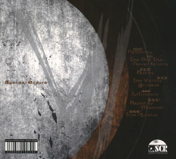 CD-Cover für Agenda: Endure. Grauer Hintergrund mit einer großen, verblassten mondähnlichen Form und Text.