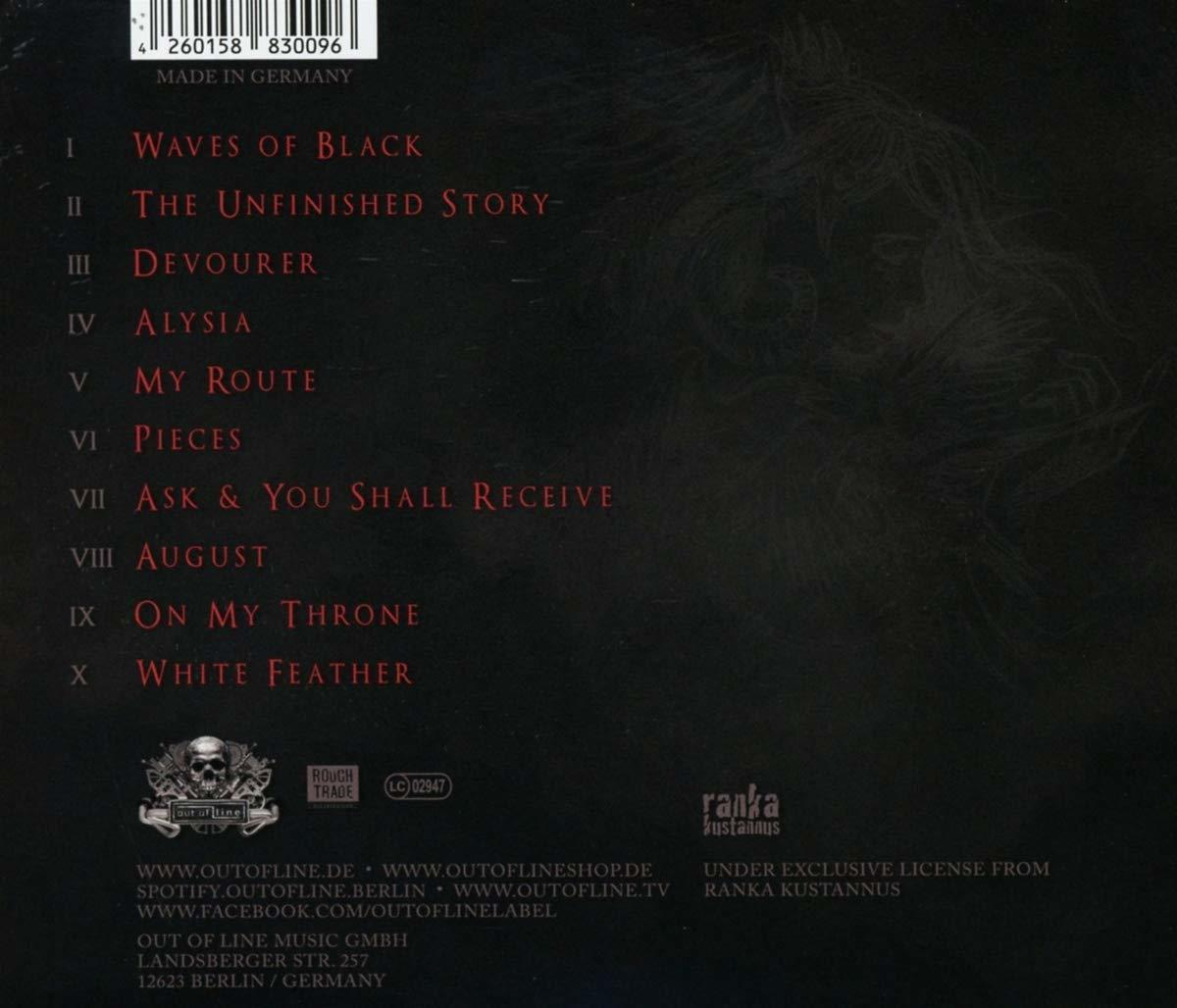 CD-Hülle hinten mit Trackliste. Text in Schwarz, Weiß und Rot. Hergestellt in Deutschland.