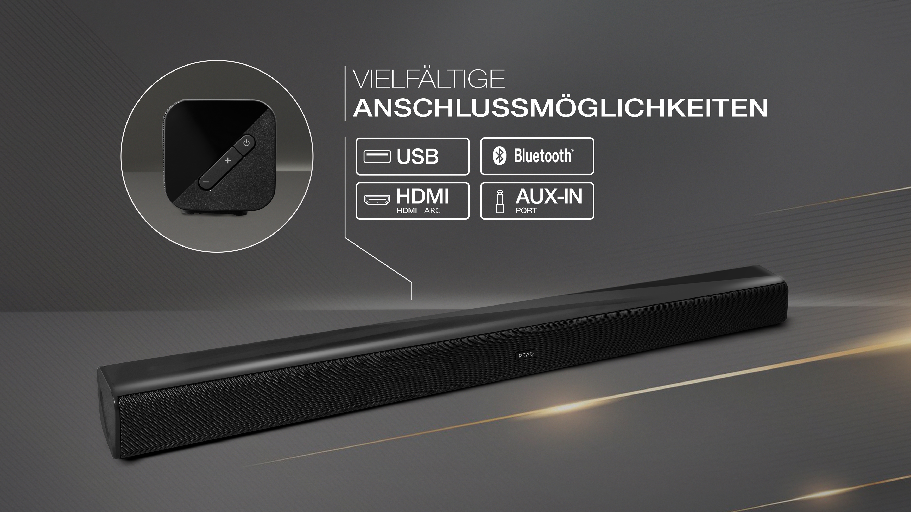 Eine schwarze Soundbar mit Anschlussmöglichkeiten wie USB, Bluetooth, HDMI und AUX-IN.