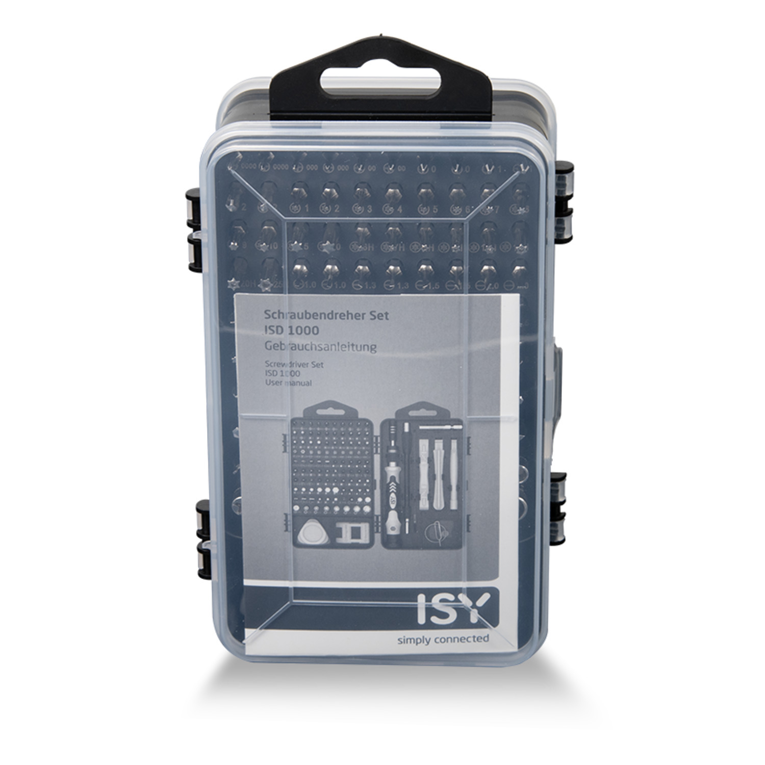 A clear box with screw driver set. The box has a handle and is closed.