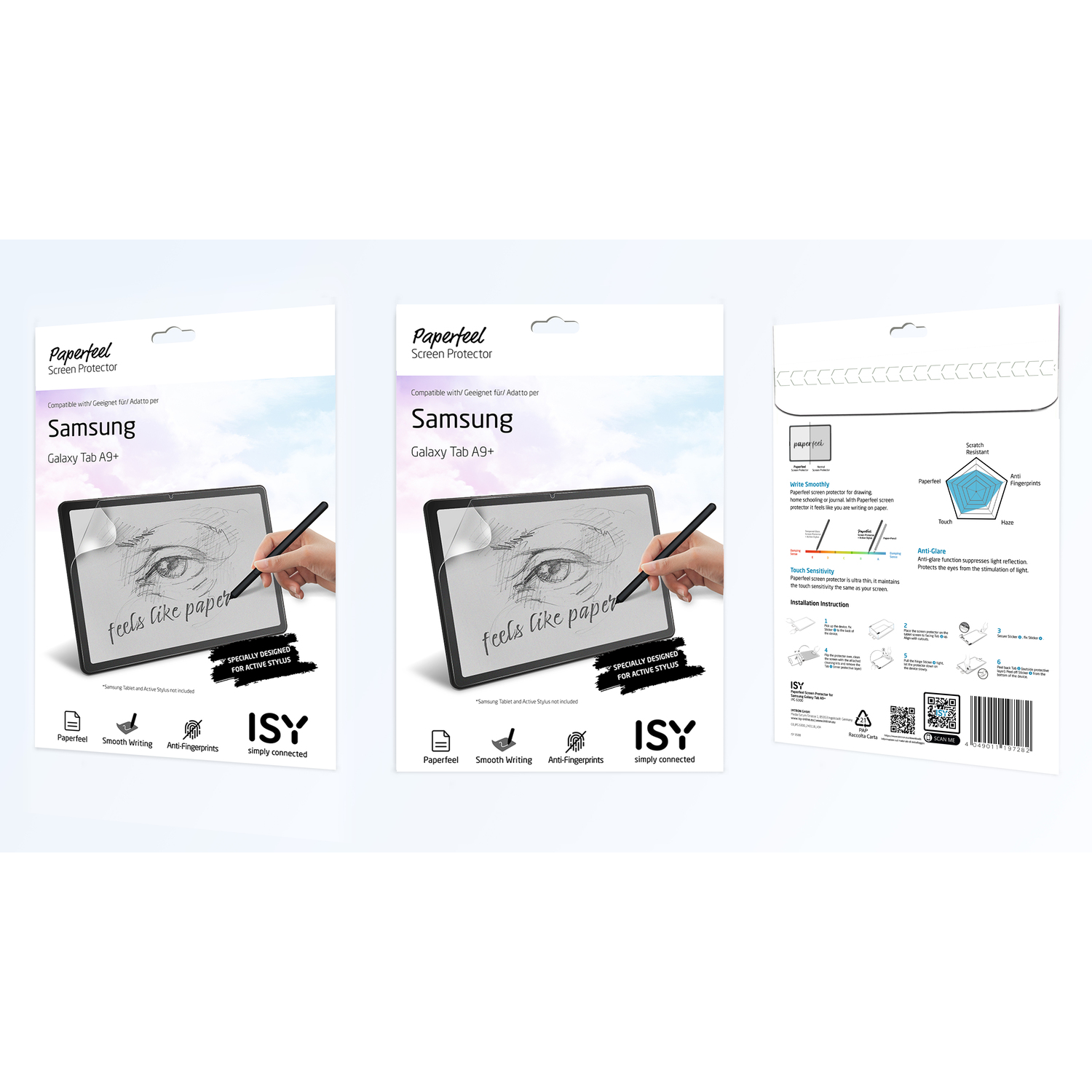 Drie schermbeschermer verpakkingen voor Samsung Galaxy Tab A9+. Elke verpakking toont een stylus en voelt als papier.