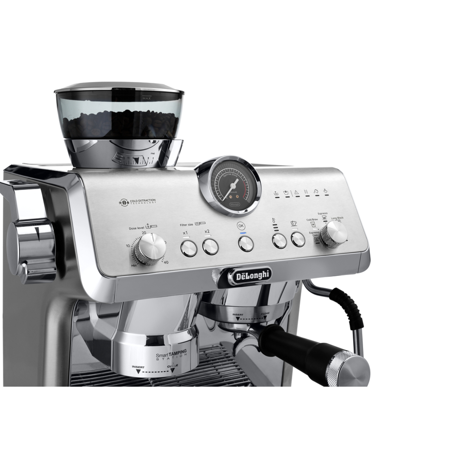 A silver DeLonghi espresso machine. It features a bean container and multiple control buttons.