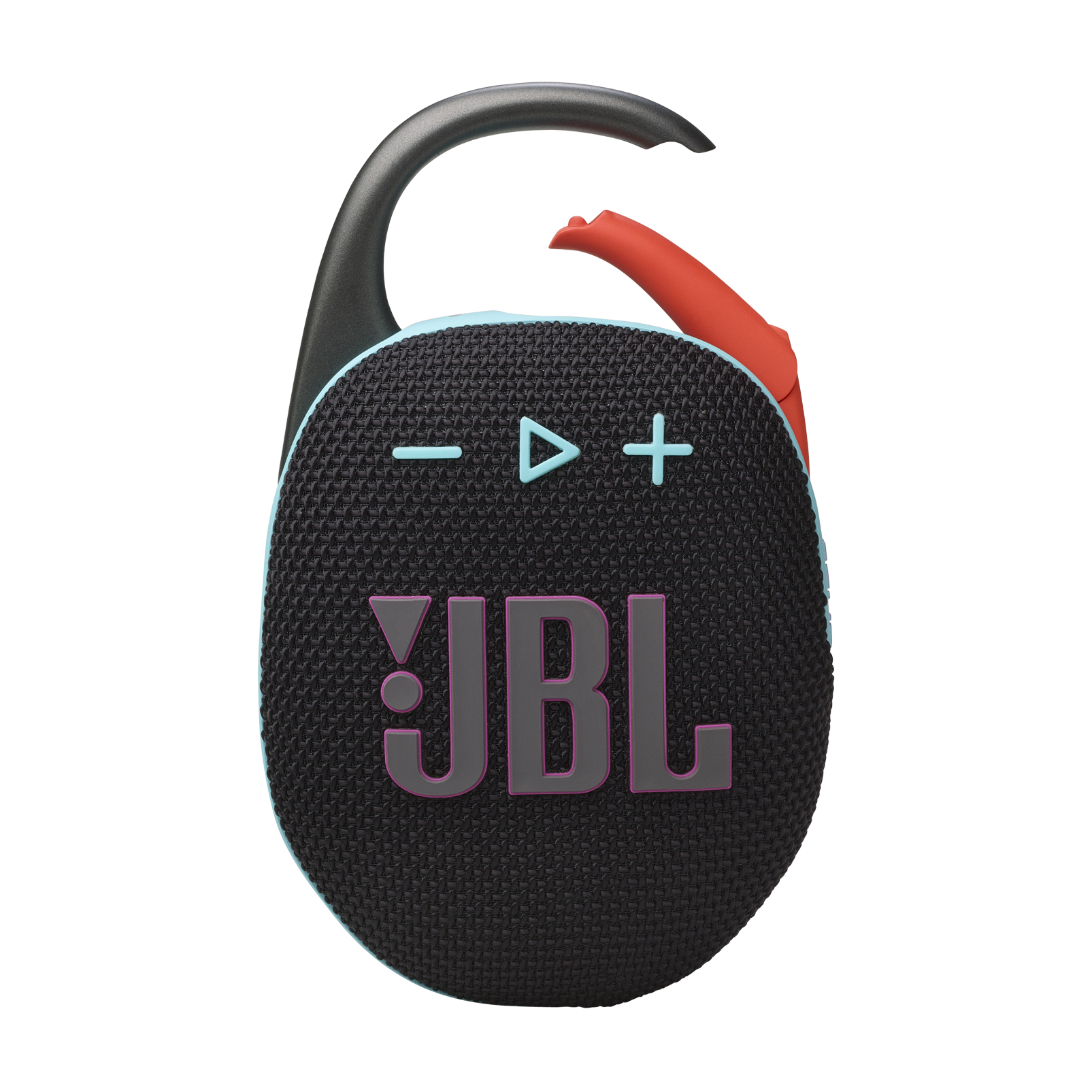 Kırmızı bir tokaya sahip siyah ve mavi bir JBL hoparlör. Ön tarafta JBL yazıyor.