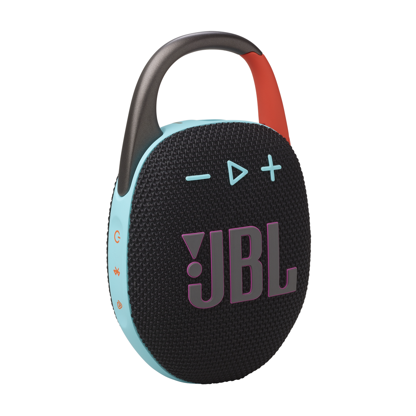 Kontrolleri ve pembe bir JBL logosu olan siyah ve mavi bir JBL hoparlör, bir tutamak ile.