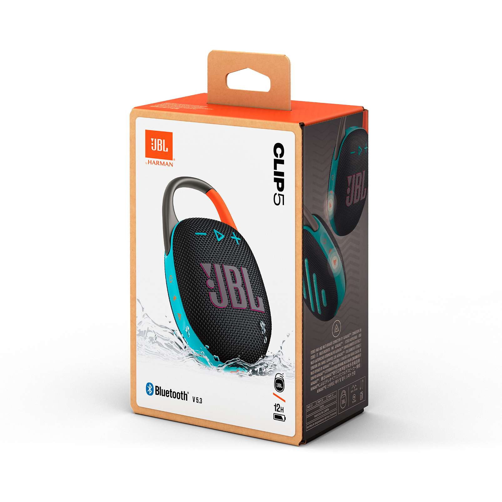 Renkli tasarımlı JBL Clip 5 taşınabilir hoparlör kutusu.