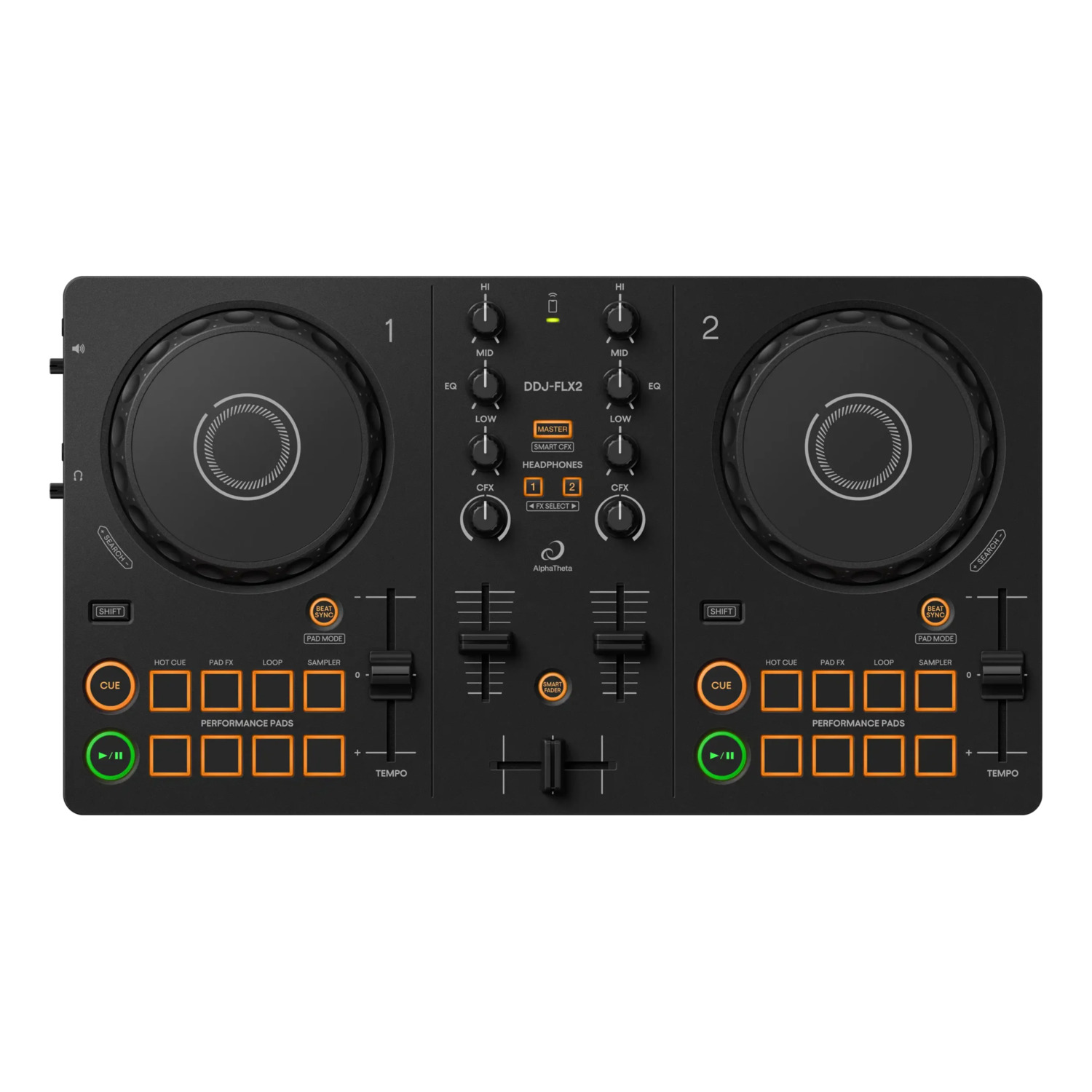 Zwarte DJ-controller met twee draaitafels, diverse knoppen en een centrale mixersectie.