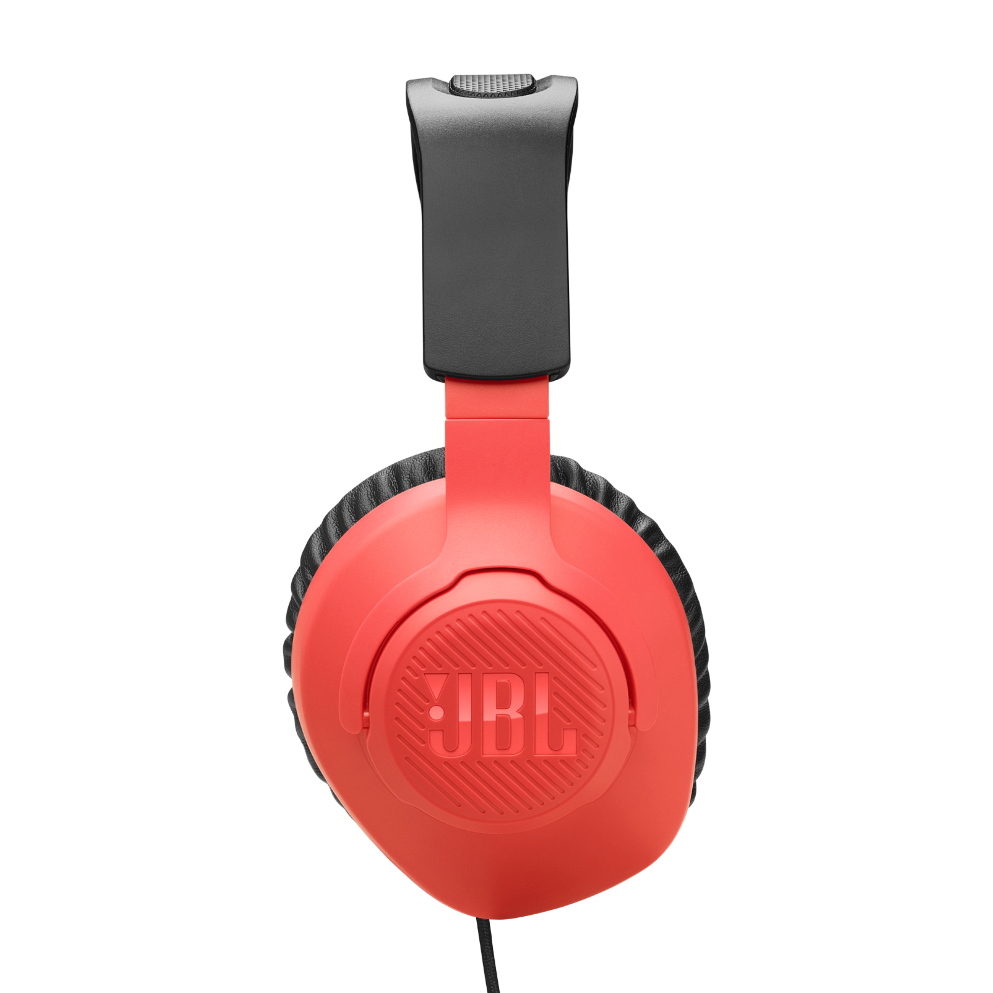 Siyah arka plan üzerinde siyah aksanlar ve siyah bir kablo ile kırmızı JBL kulaklıklar.
