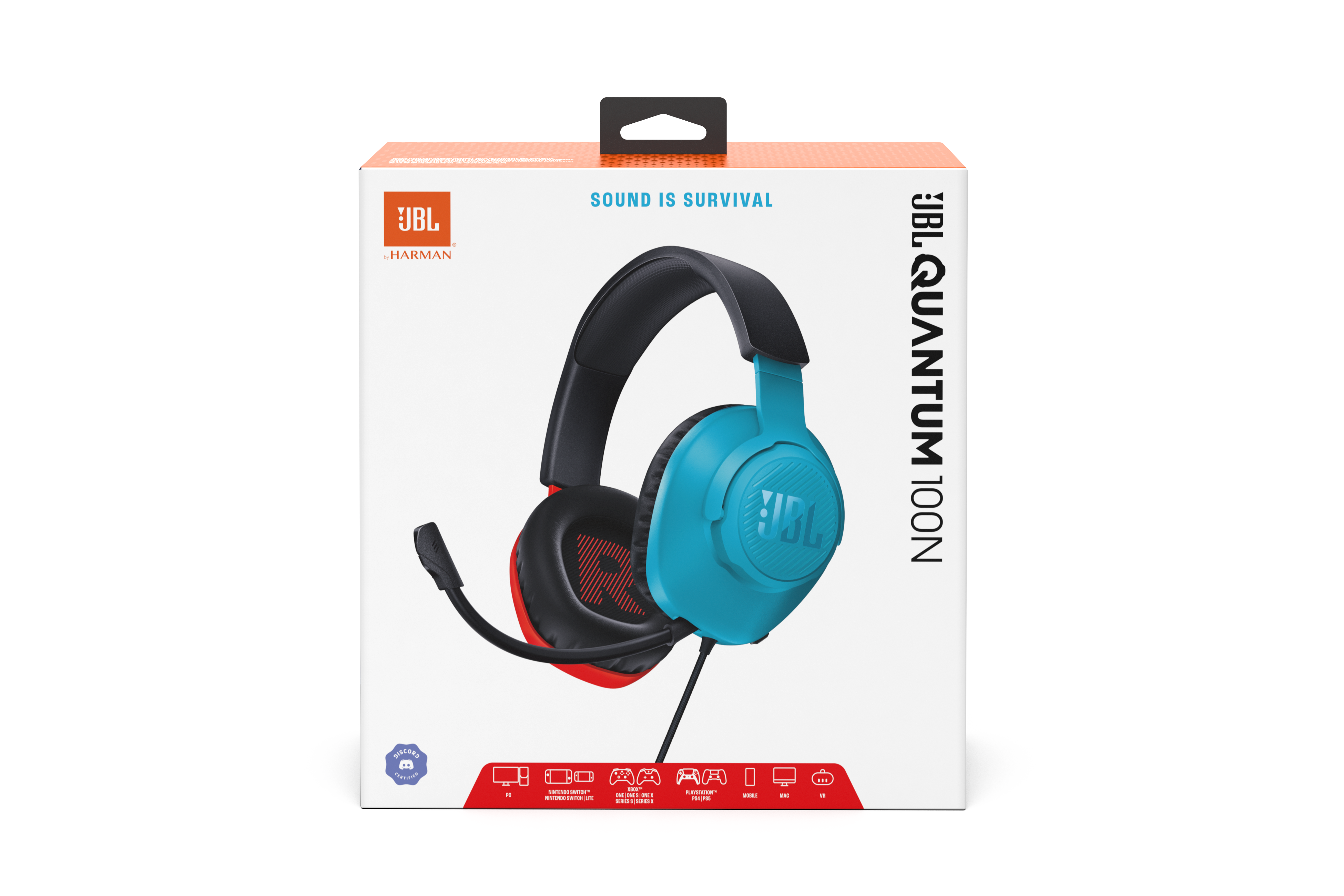 JBL Quantum 100N kulaklık kutusu. Siyah ve kırmızı detaylara sahip turkuaz kulaklık, mikrofon.