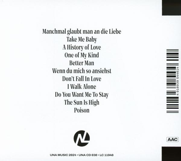 CD-Rückseite mit Titelliste: Manchmal glaubt man an die Liebe, Take Me Baby, A History of Love usw.