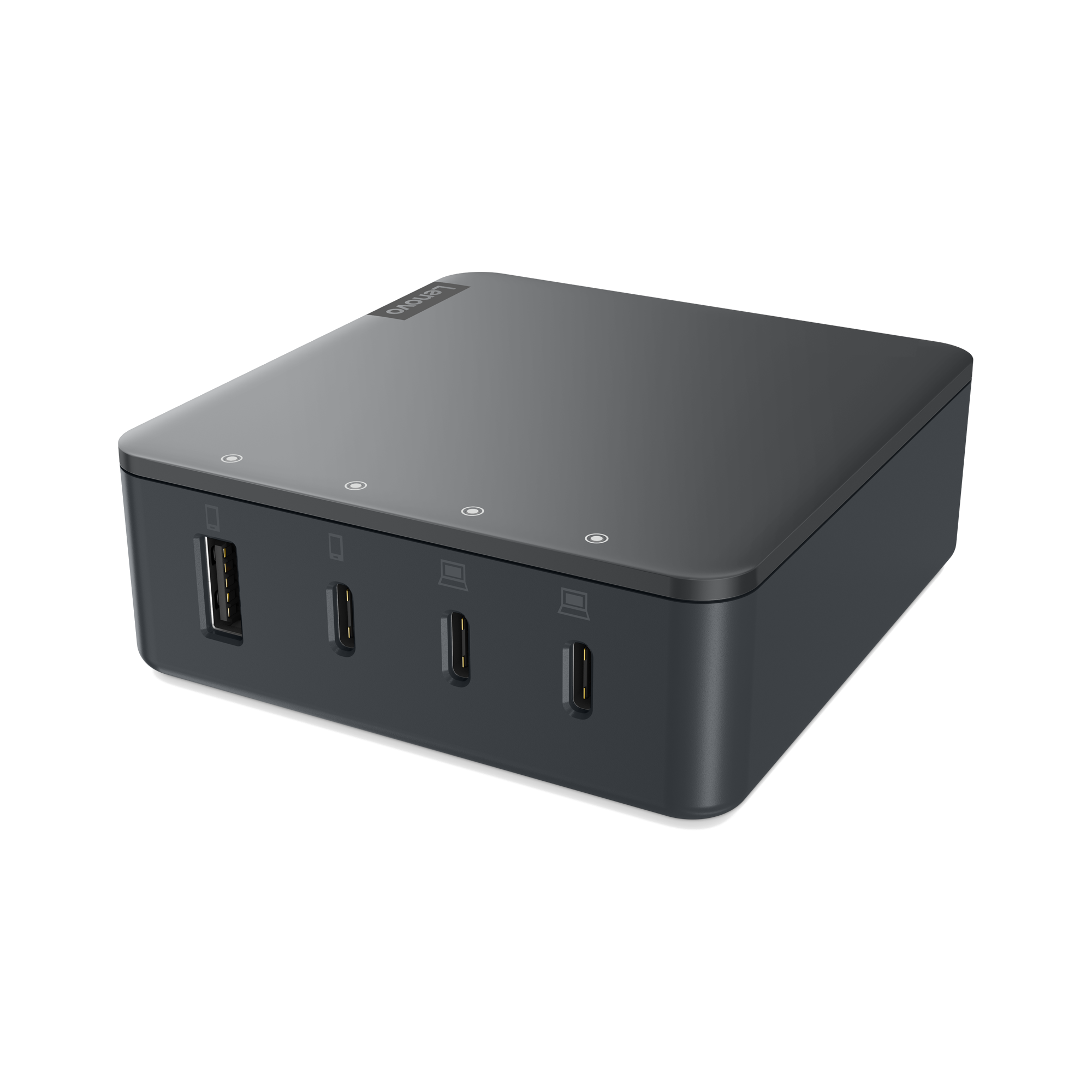 Çoklu USB ve USB-C bağlantı noktalarına sahip koyu gri bir şarj istasyonu.
