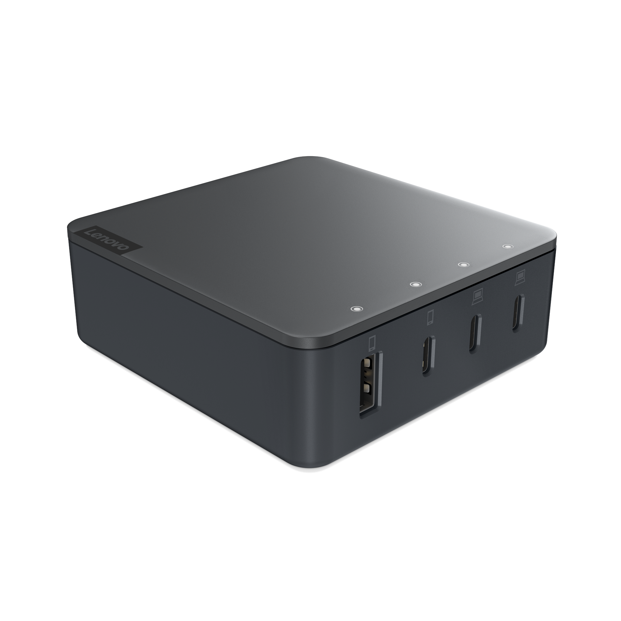 USB ve USB-C portlu, koyu gri bir Lenovo yerleştirme istasyonu.