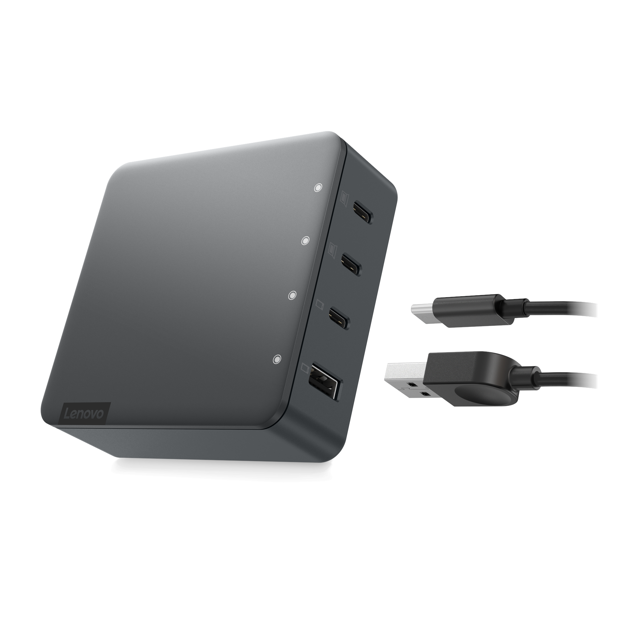 Siyah Lenovo yerleştirme istasyonu, açılı görünüm, USB, USB-C ve Thunderbolt bağlantı noktalarıyla. Siyah zemin.