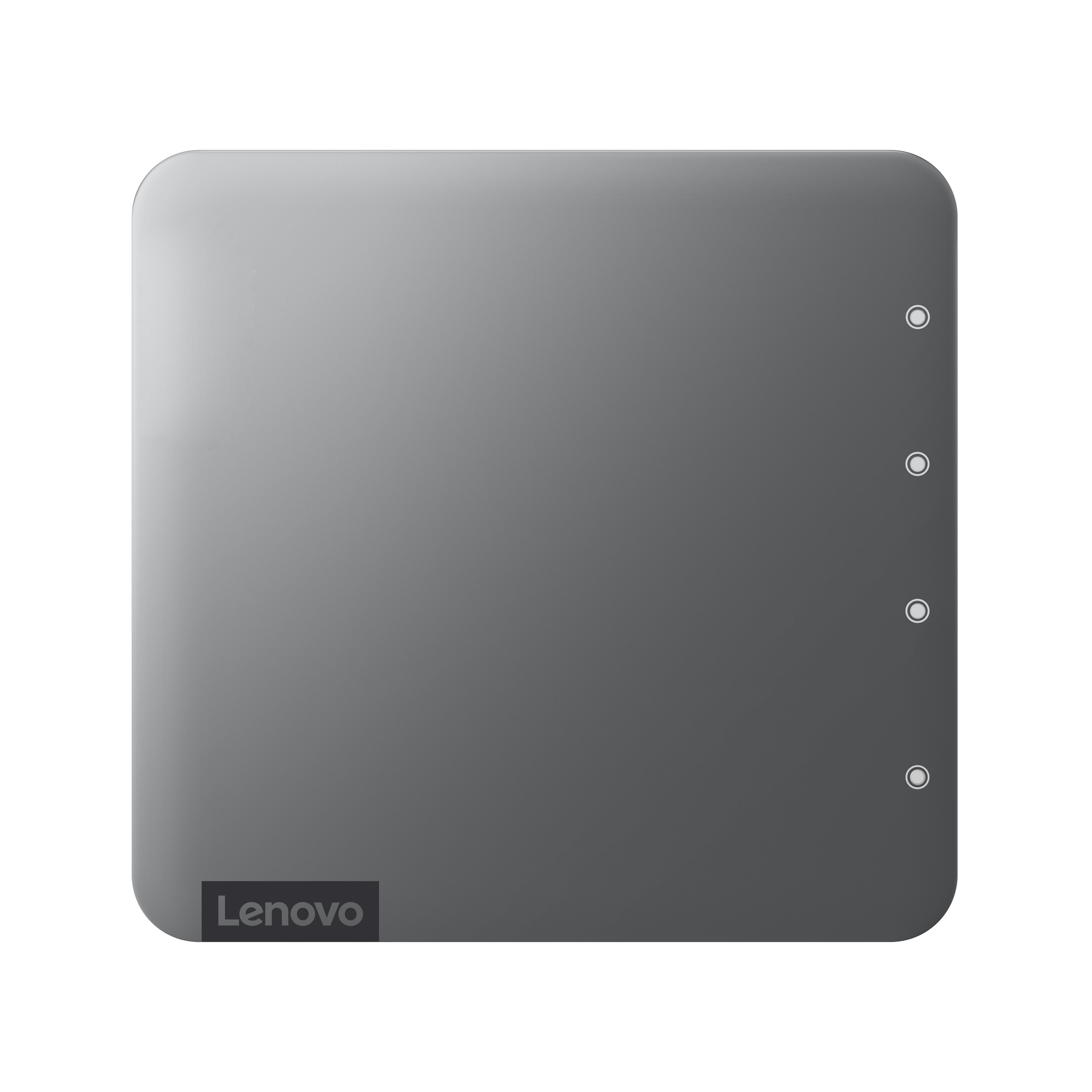 Gri Lenovo tablet, üstten görünüm. Köşede Lenovo logosu. Siyah zemin.