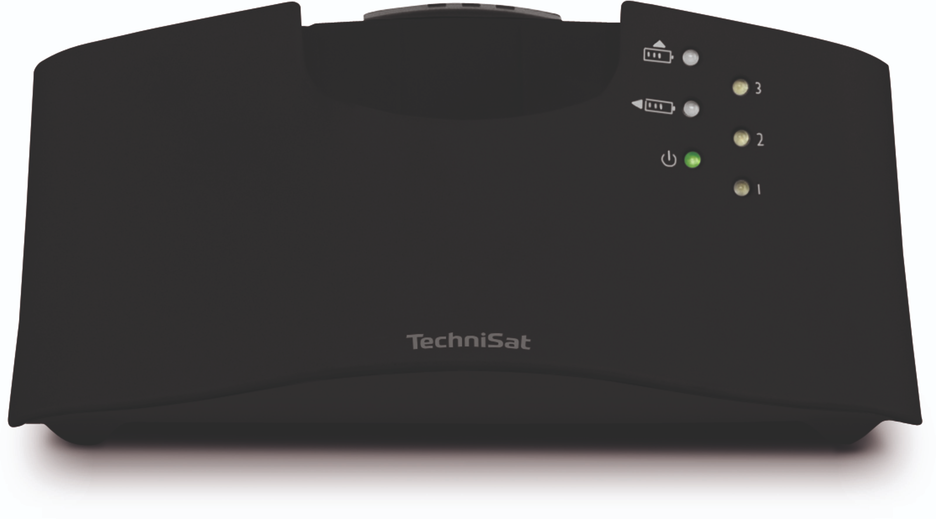 Schwarze TechniSat-Box mit Lichtern, Text sichtbar.