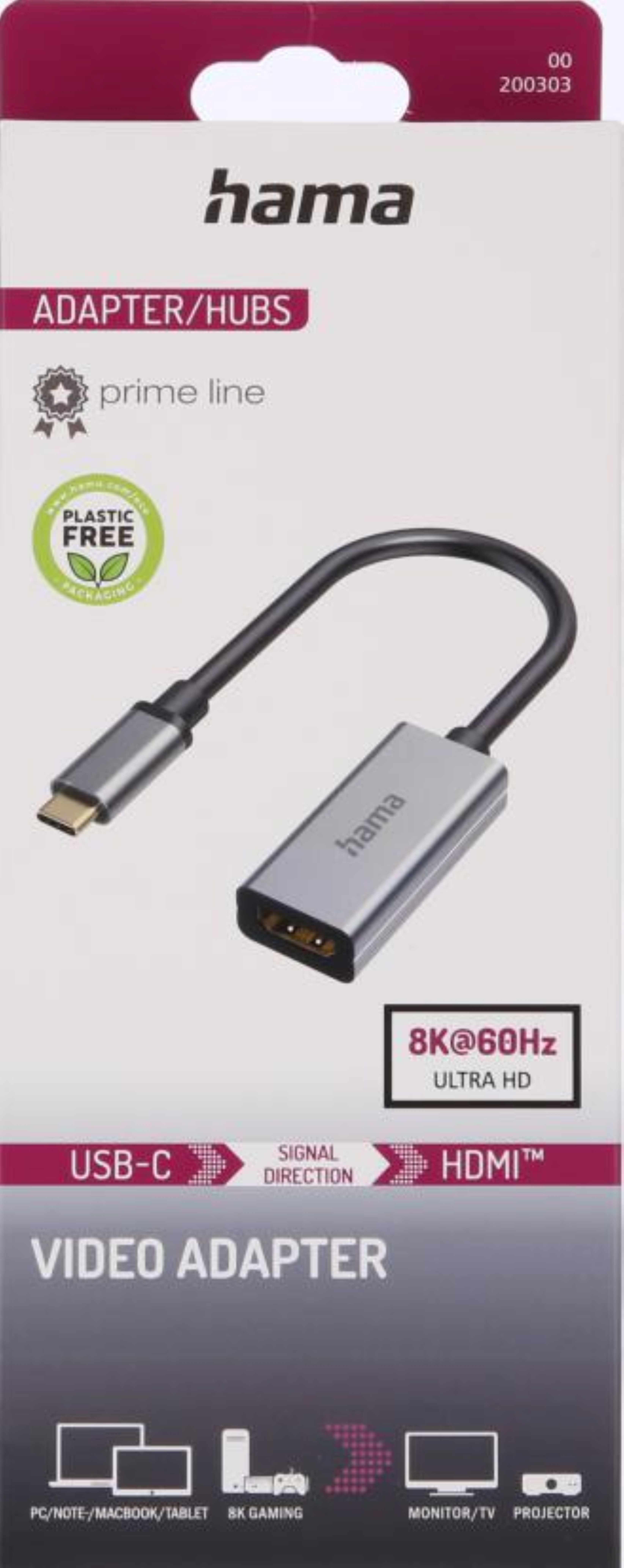 Hama USB-C - HDMI video adaptörü ambalajı. Adaptörü ve özelliklerini gösterir: 8K@60Hz, Ultra HD.