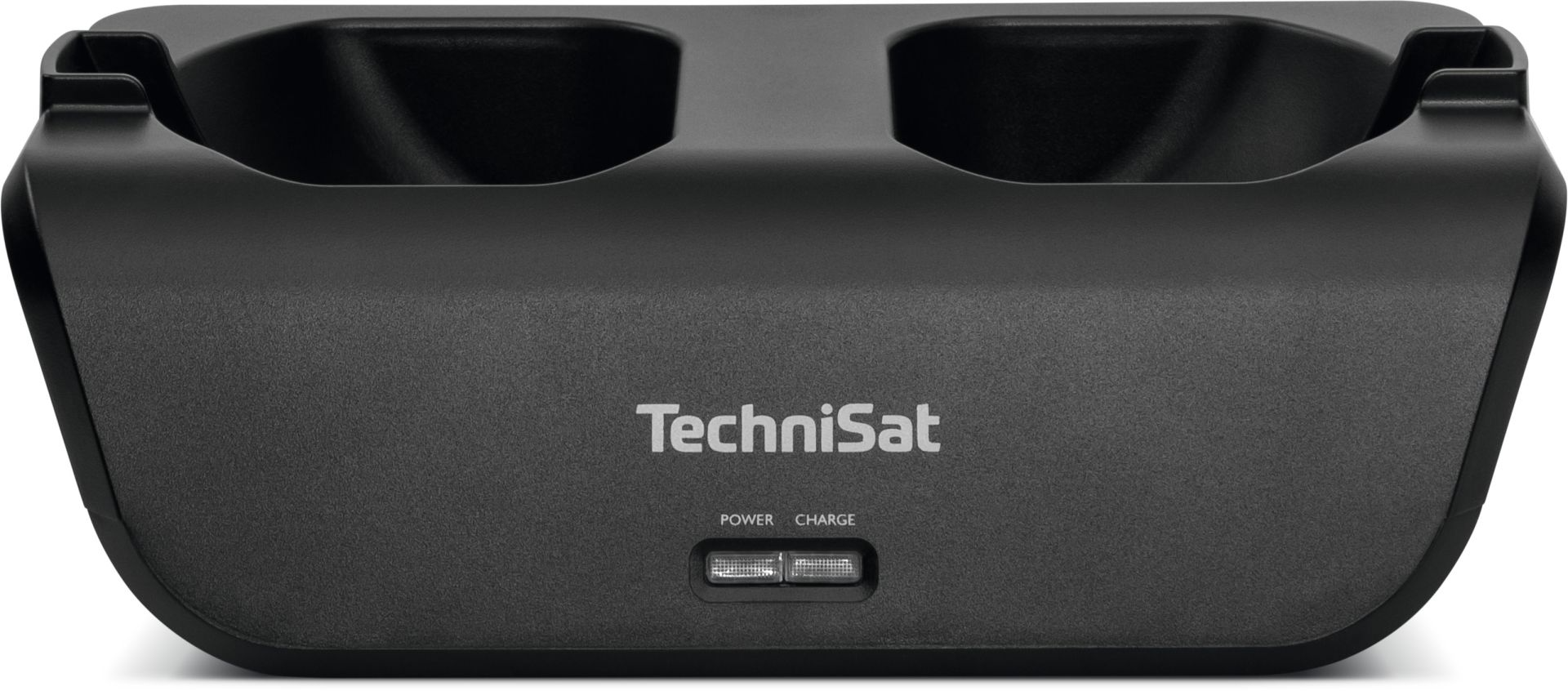Schwarze TechniSat-Basis mit zwei eingelassenen Ladeschlitzen. 'TechniSat' ist auf der Vorderseite aufgedruckt.