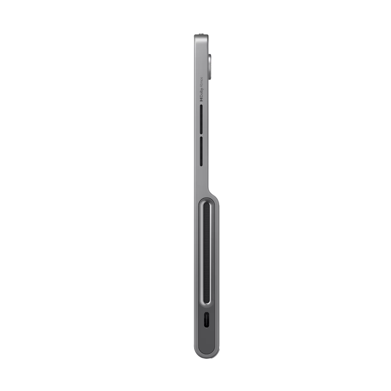 Lenovo Tablet, Seitenansicht, silberfarben. Zeigt die Kante mit Tasten und einem Anschluss.