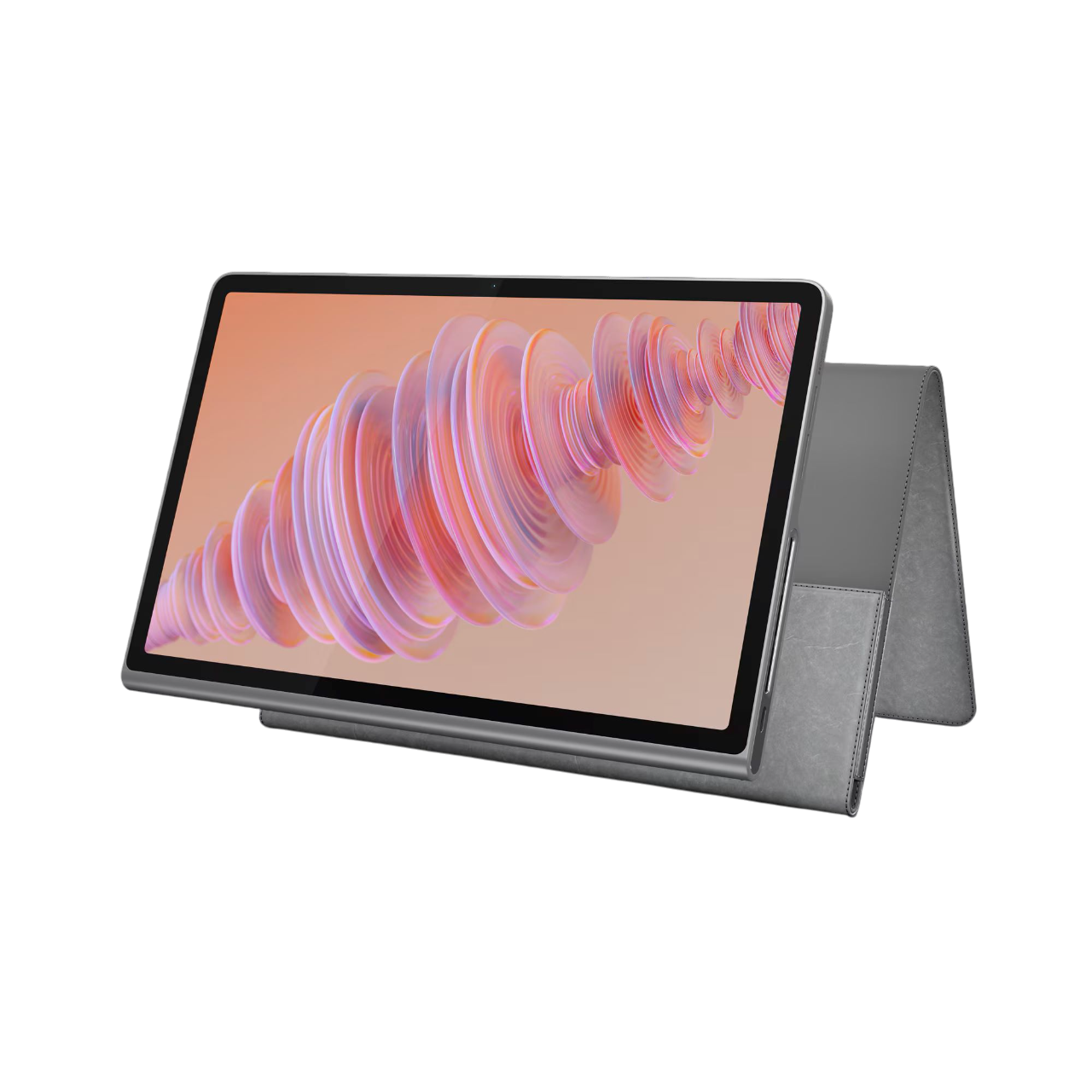 Lenovo Tablet mit Hülle, schräge Ansicht. Zeigt den Bildschirm mit Grafiken und die Hülle.