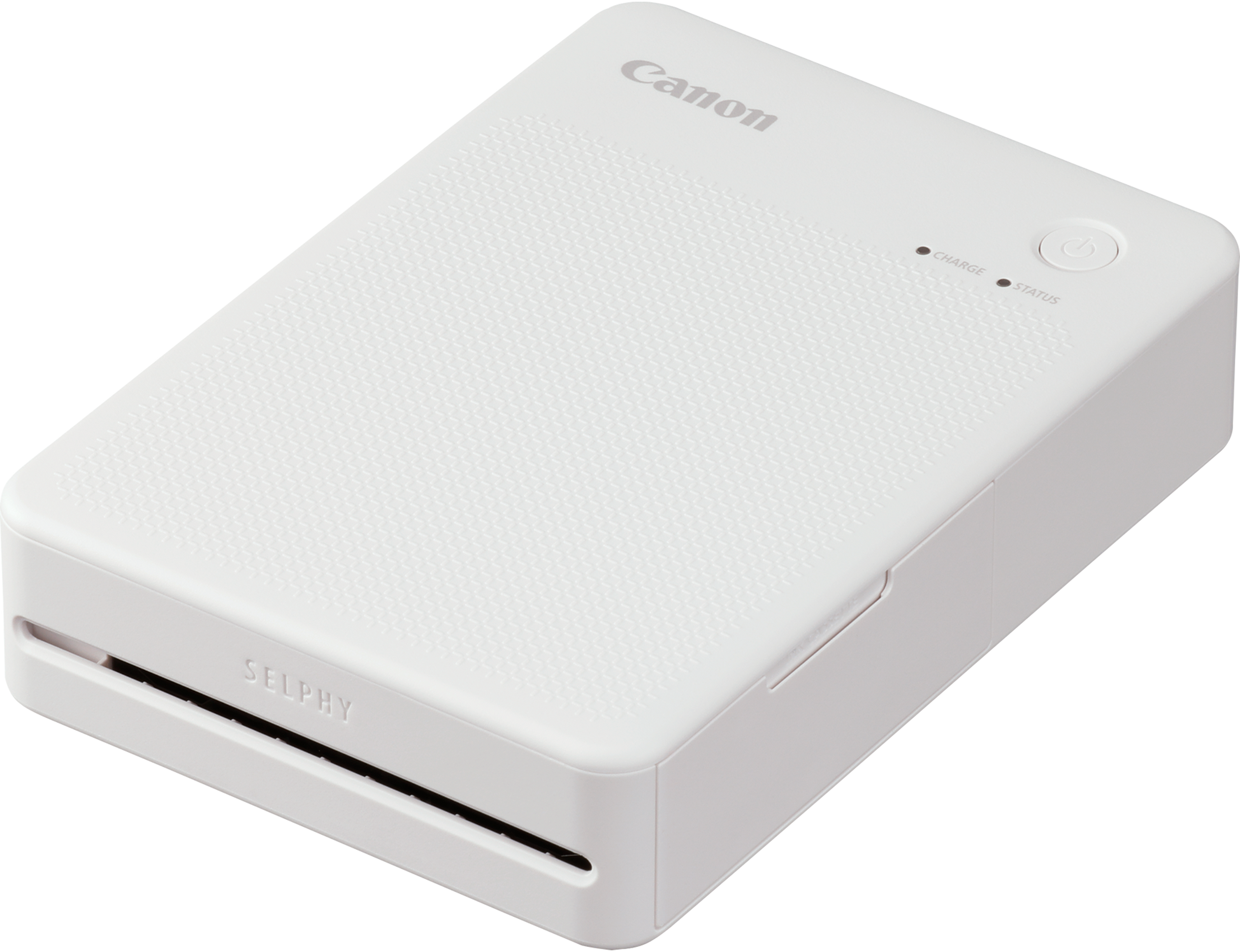 Ein weißer Canon Selphy Fotodrucker. Der Drucker befindet sich auf einem schwarzen Hintergrund. Die Oberseite hat Knöpfe.