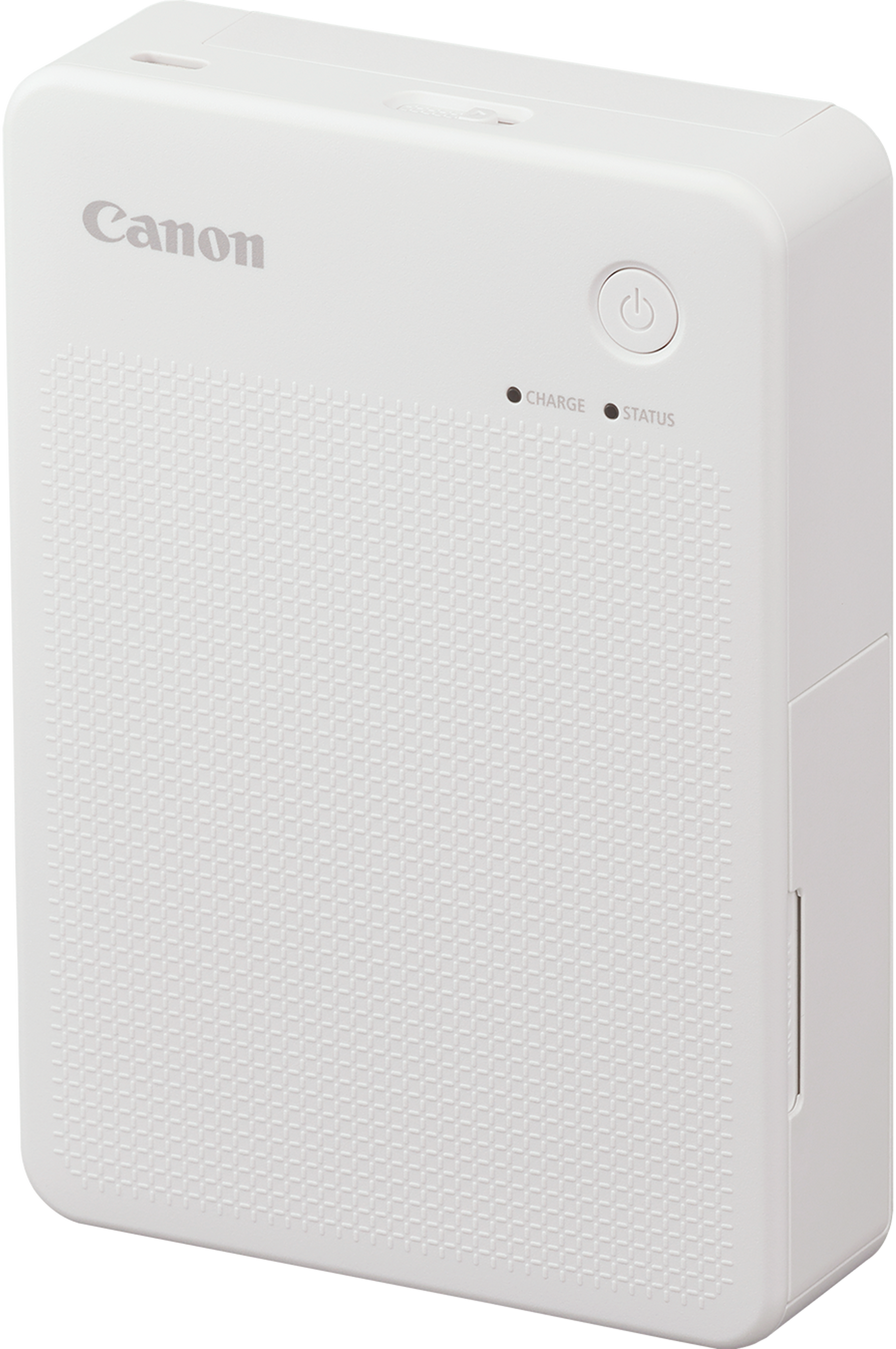 Imprimante Canon blanche, bouton d'alimentation, voyants de charge et d'état.