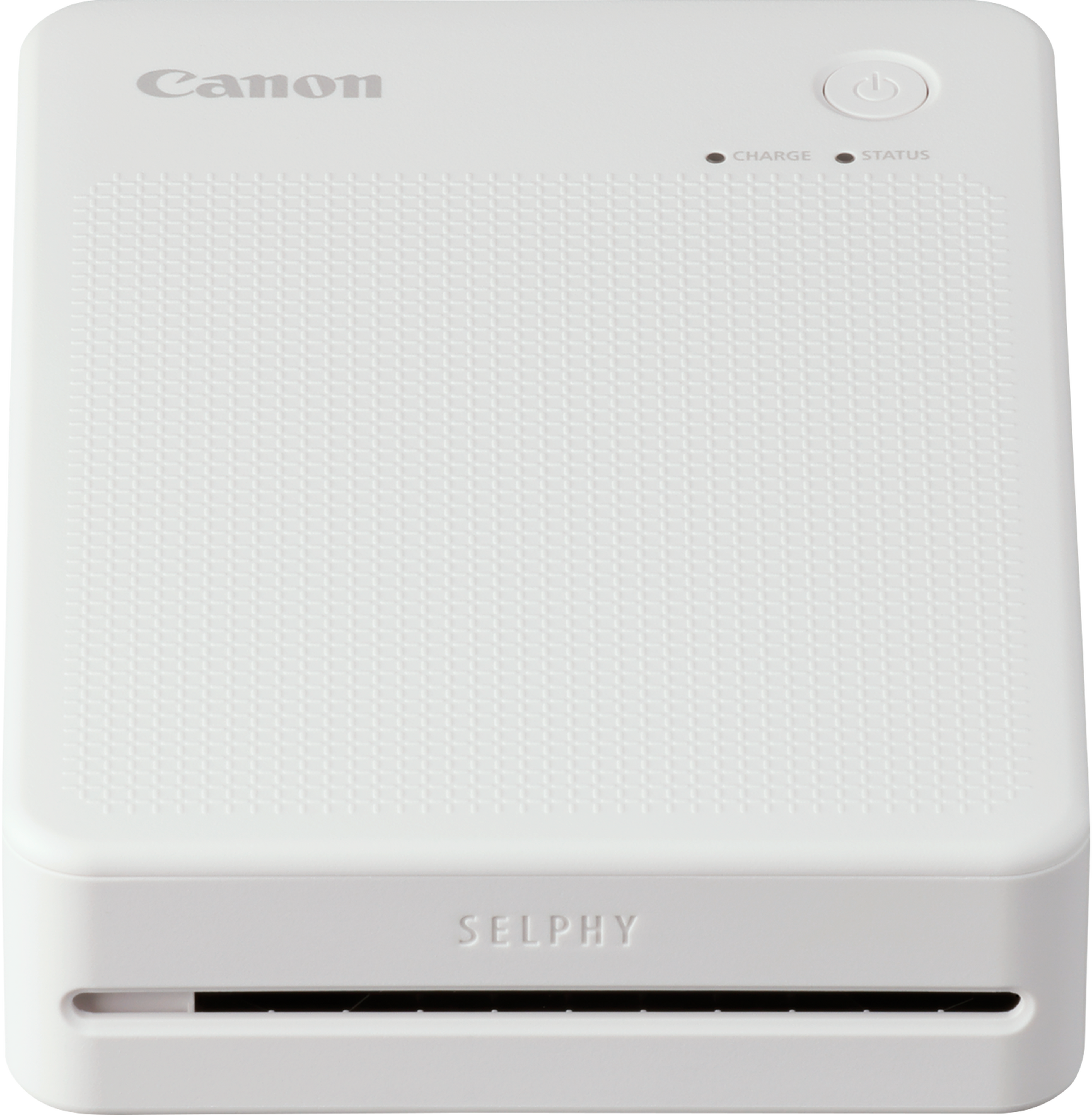 Imprimante photo Canon Selphy blanche. Elle possède un bouton d'alimentation et une fente à papier.