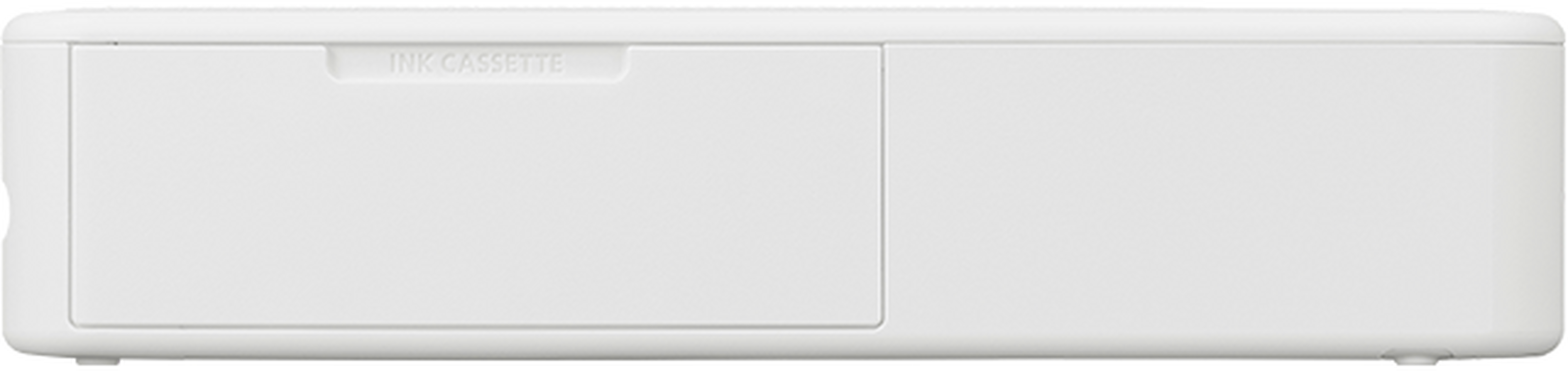 Imprimante blanche avec une cassette d'encre. Elle est rectangulaire avec une surface plane.