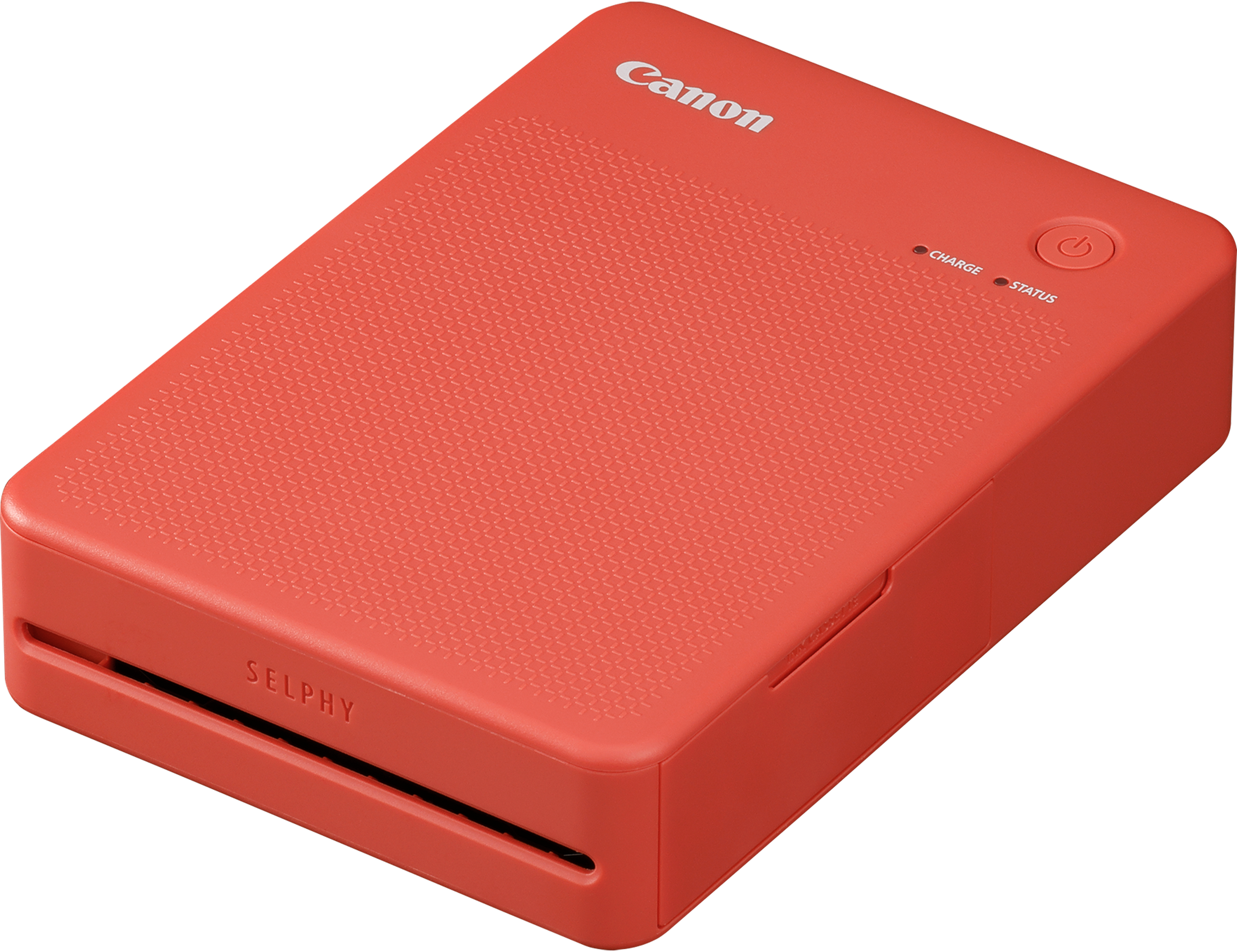 Stampante fotografica Canon Selphy rossa. Ha un pulsante di accensione e spie di stato.