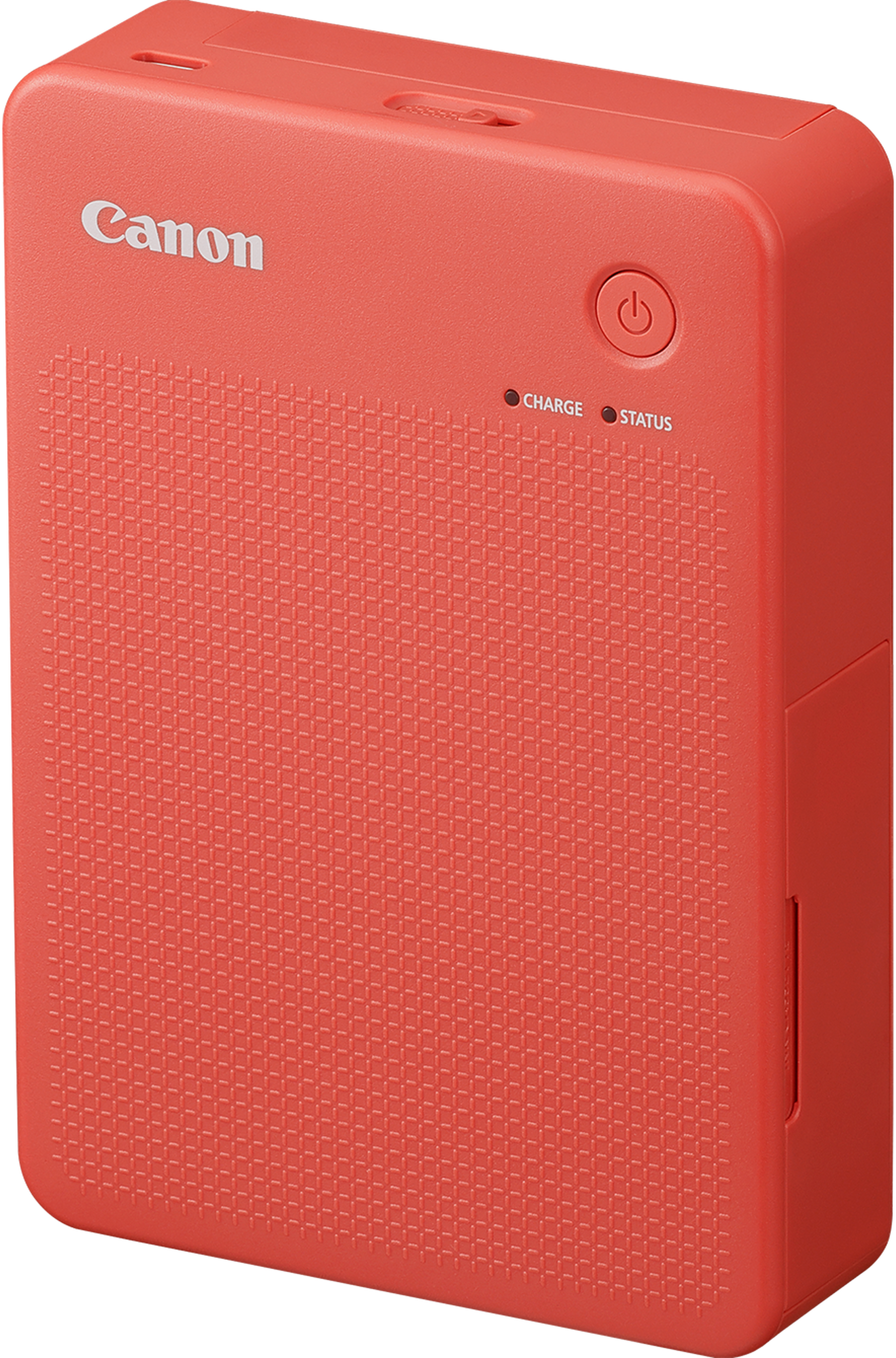 Stampante rossa con pulsanti. Logo Canon visibile. Alimentazione, carica e stato etichettati.