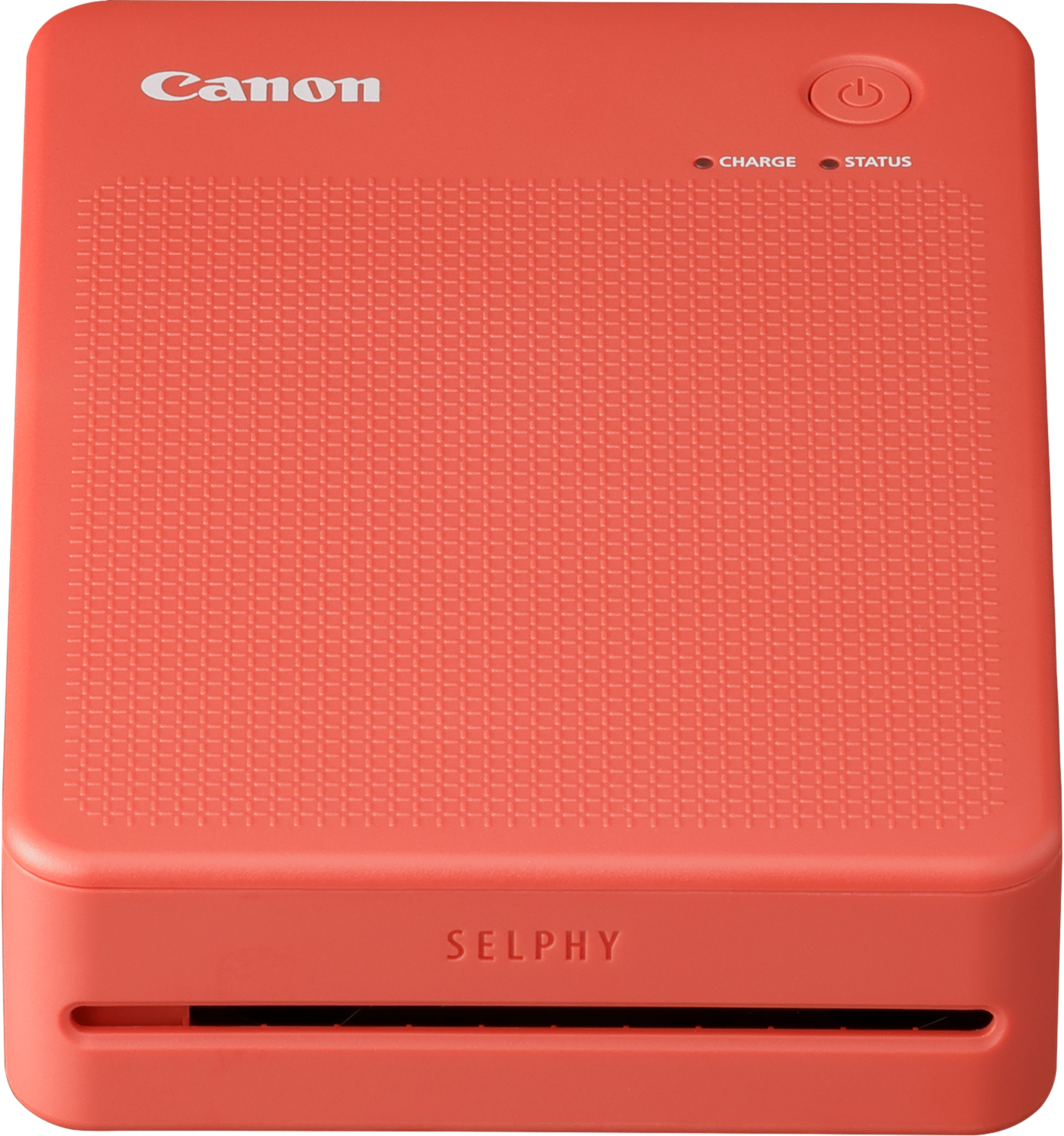 Stampante fotografica Canon Selphy color corallo, un dispositivo rettangolare semplice.
