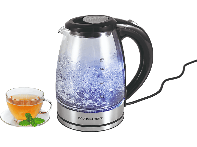 Gourmetmaxx 1574 Glas Wasserkocher, mit LED-Beleuchtung (Transparent/Schwarz, 1.8 l, 1800 Watt)