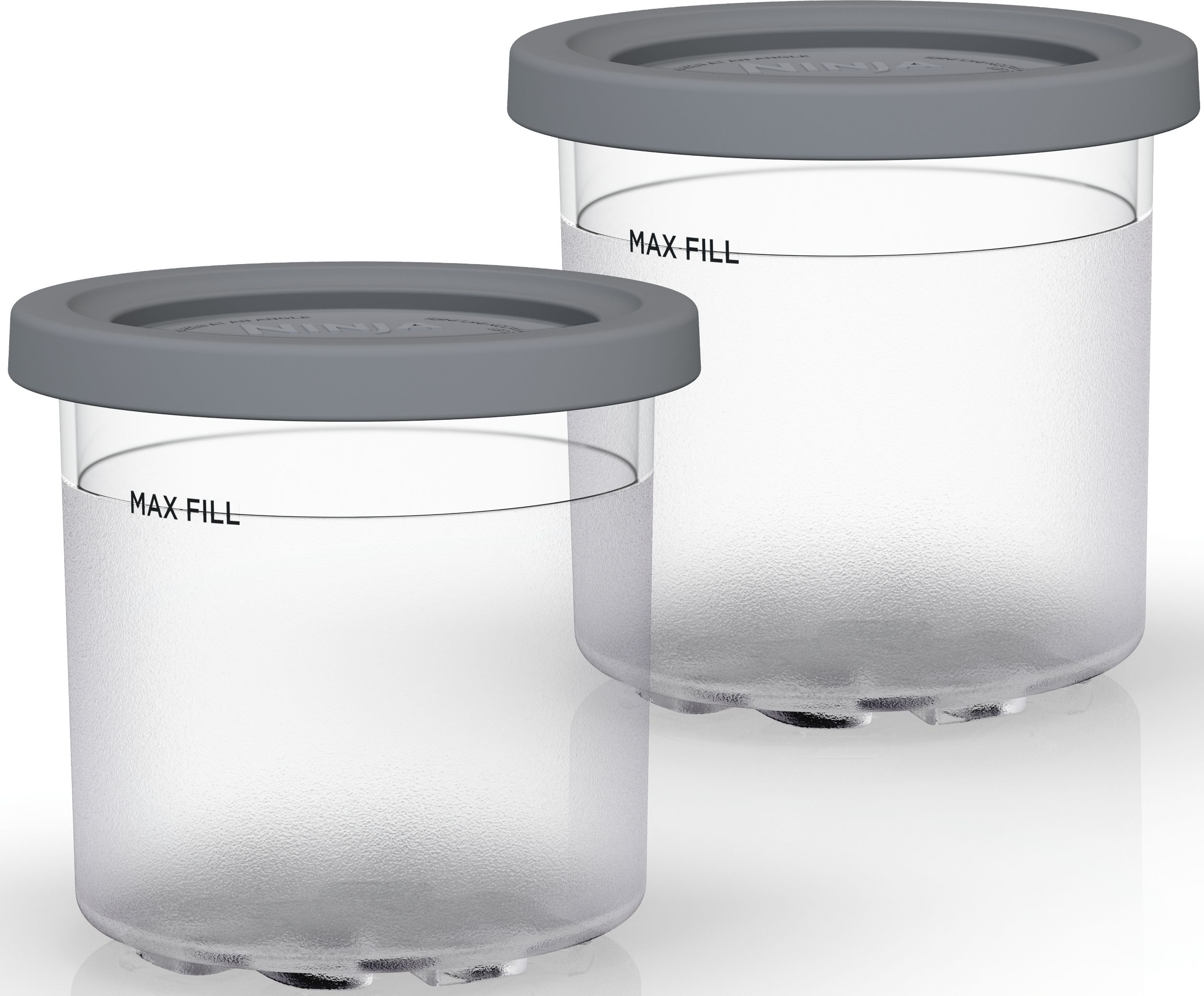 Zwei klare, zylindrische Behälter mit grauen Deckeln. Mit Wasser gefüllt, beschriftet 'MAX FILL'.