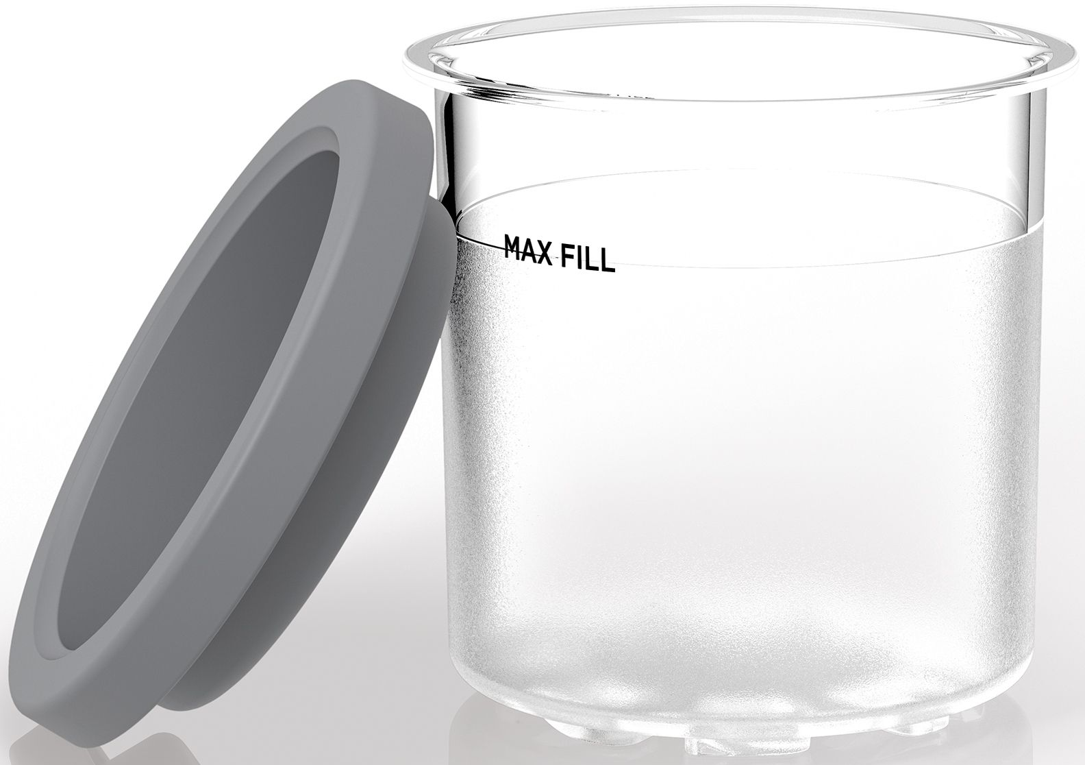 Glasbehälter mit Deckel. Max-Fülllinie sichtbar. Weißer Hintergrund.