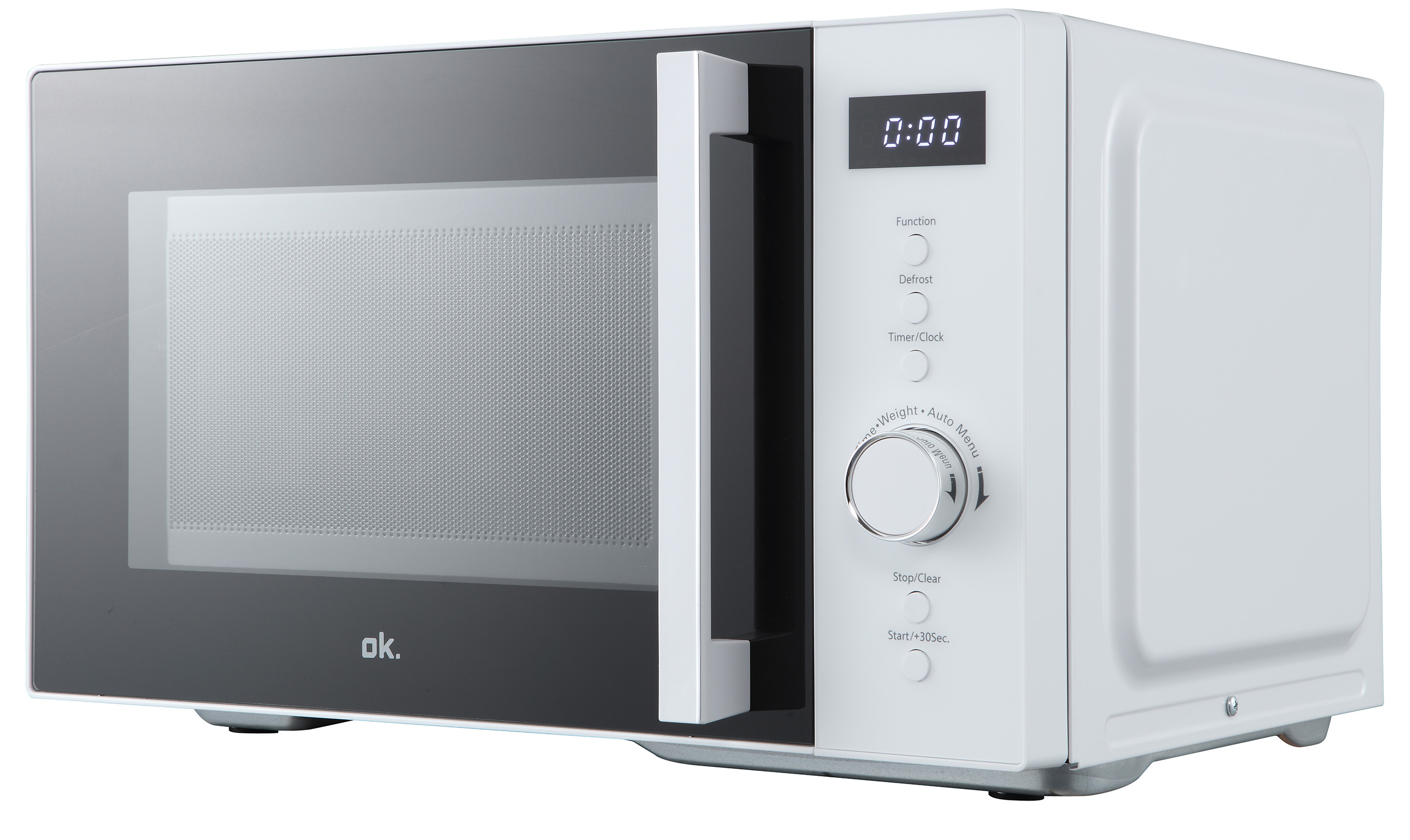 Egy fehér mikrohullámú sütő nyitott ajtóval. Digitális órával és vezérlőgombokkal rendelkezik. Az 'ok.' márkanév látható.