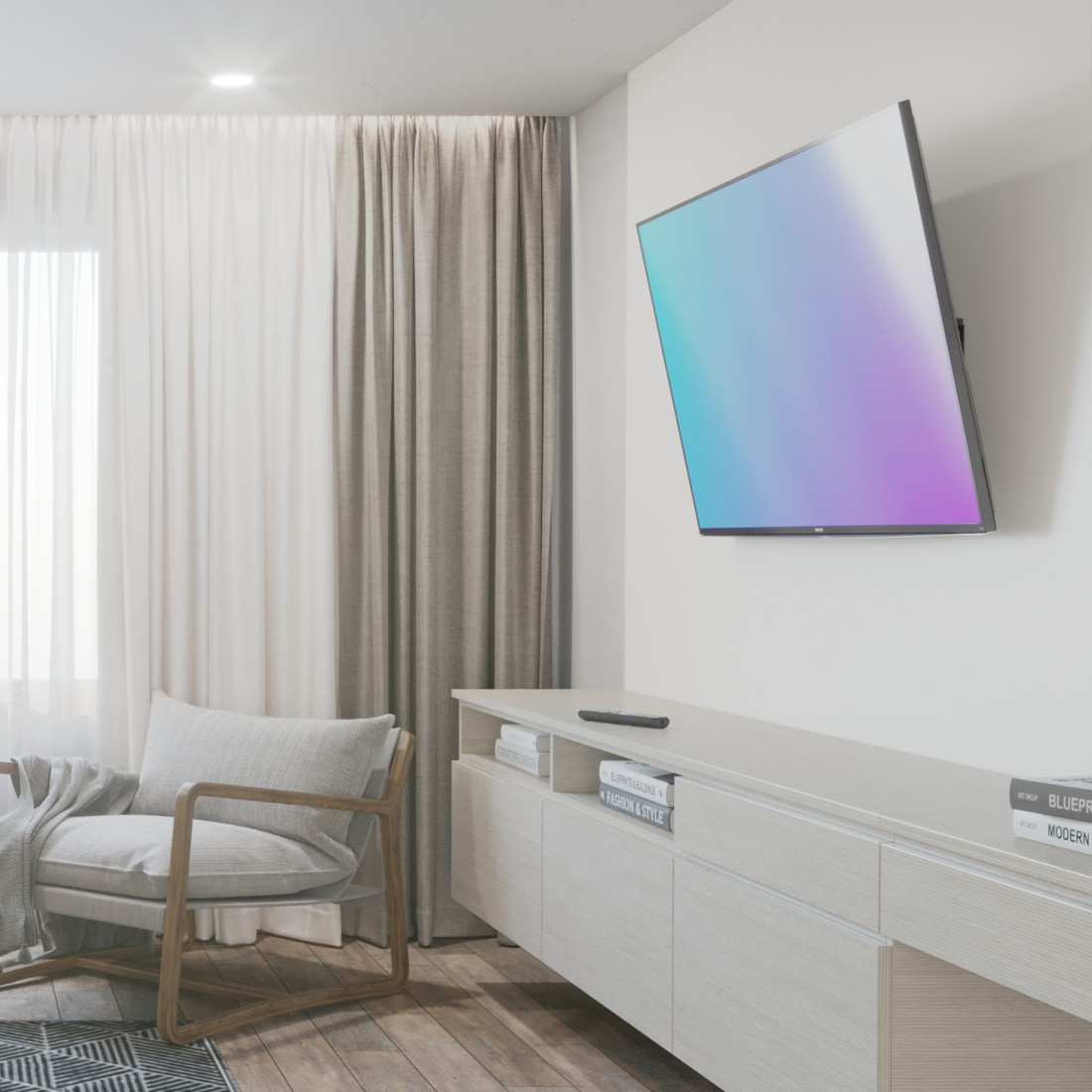 Telewizor na ścianie, krzesło i szafka w pokoju. Białe ściany, neutralne kolory.