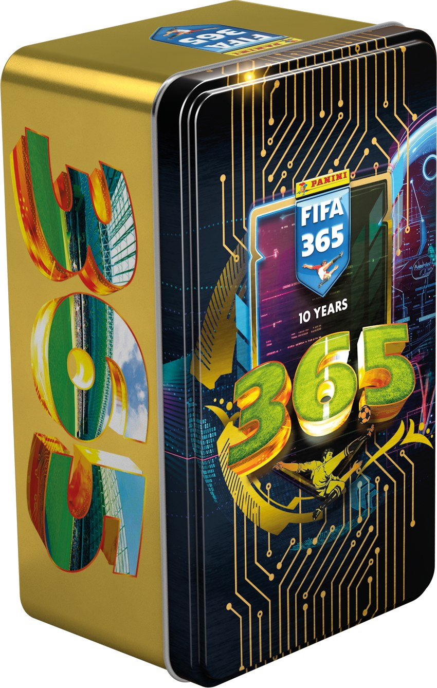 Puszka FIFA 365 Panini. Posiada zielone i żółte cyfry 365, piłkarza i logo FIFA.
