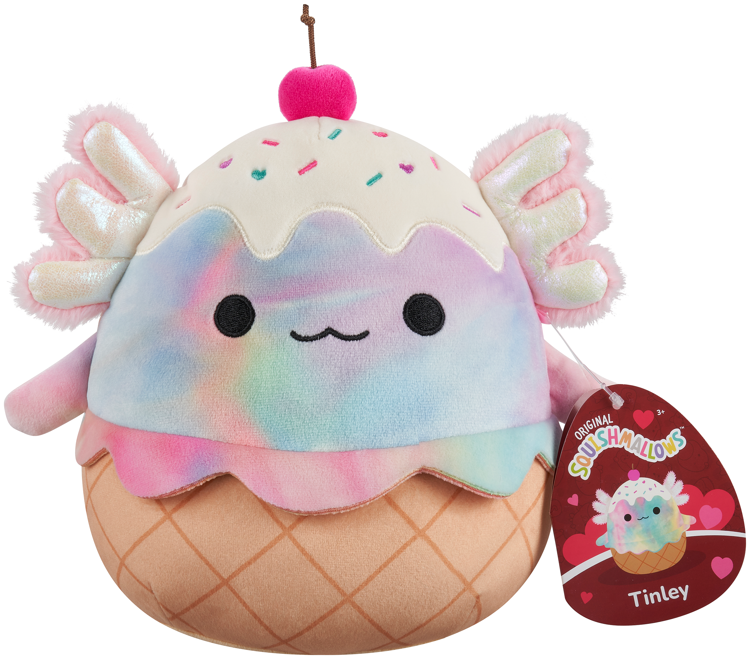 JAZWARES Squishmallows 20 cm (Tinley – Szivárvány nyakkendős axolotl fagylaltkehely)(SQVA01243)