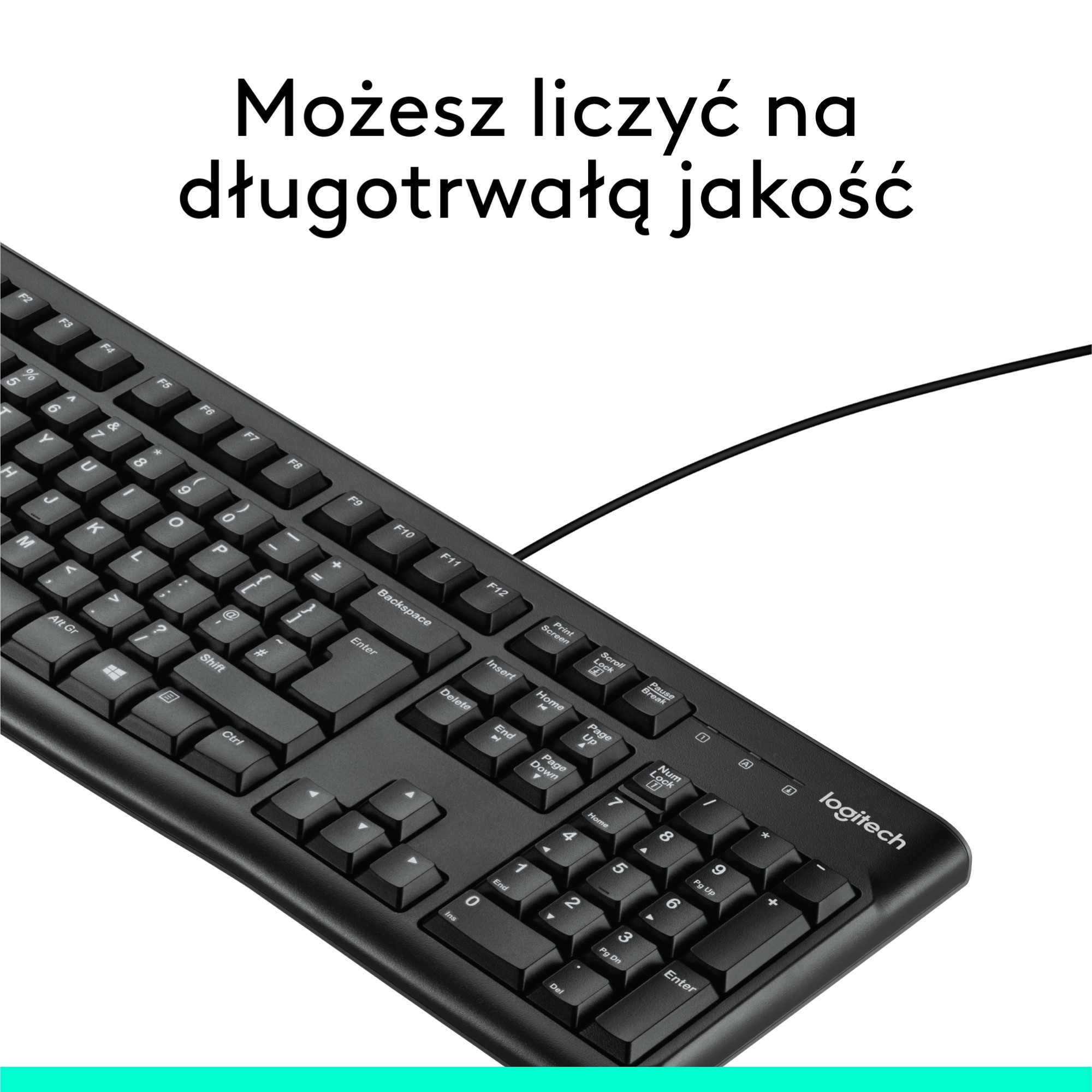Czarna klawiatura, zbliżenie. Widok z góry z klawiszami i białym tłem. Tekst po polsku.