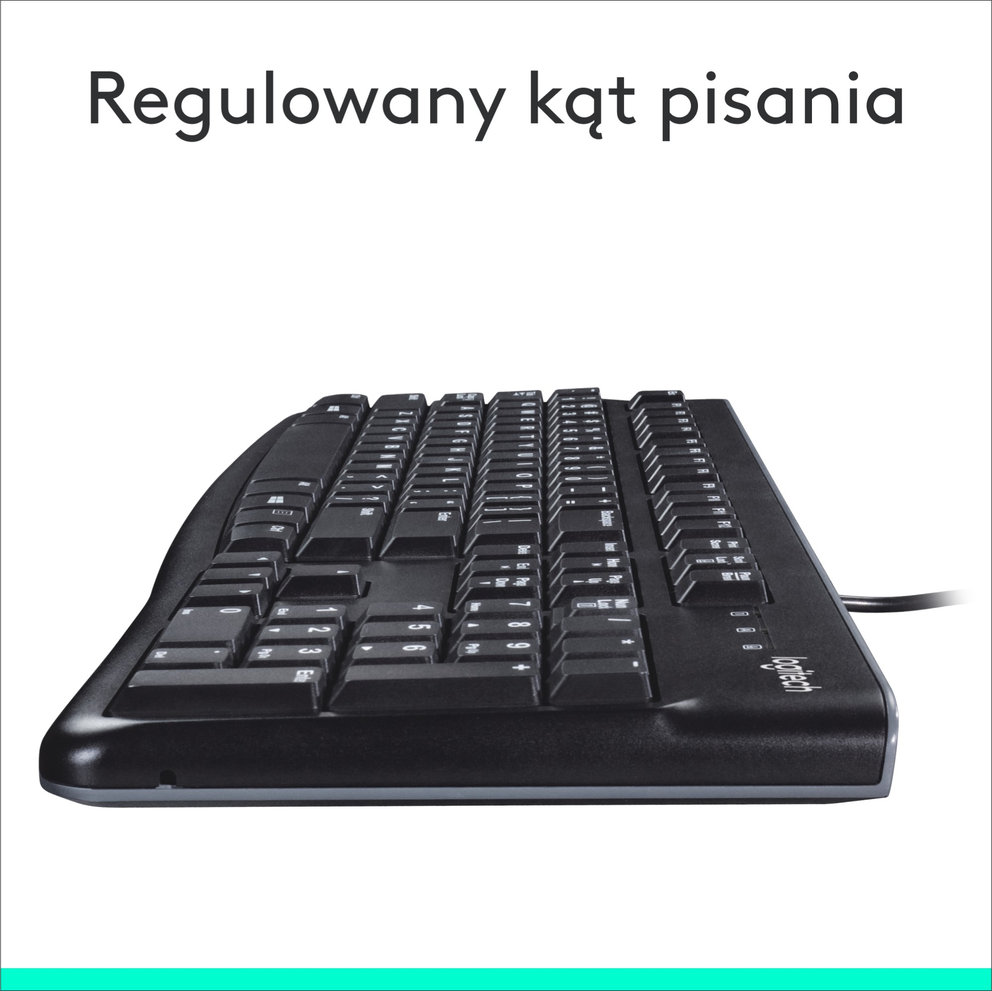 Czarna ergonomiczna klawiatura o zakrzywionym kształcie, tekst u góry: Regulowany kąt pisania.