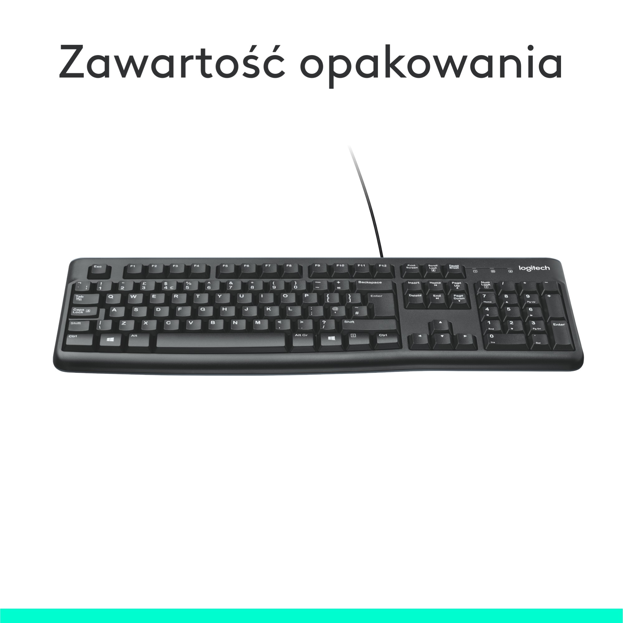 Czarna klawiatura, widok z góry. Obraz wyświetla klawiaturę z napisem Logitech.