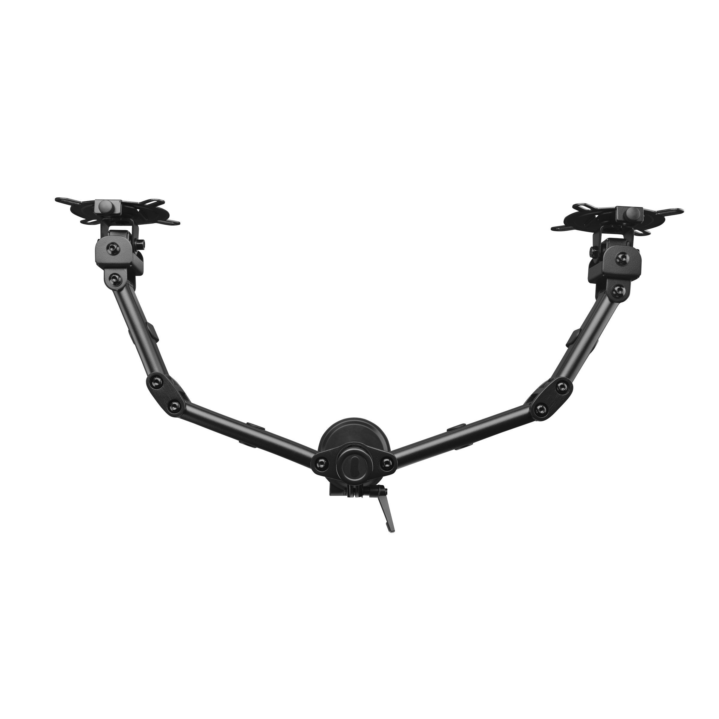 Ein schwarzer Monitorarm mit zwei verstellbaren Armen in symmetrischer V-Form.