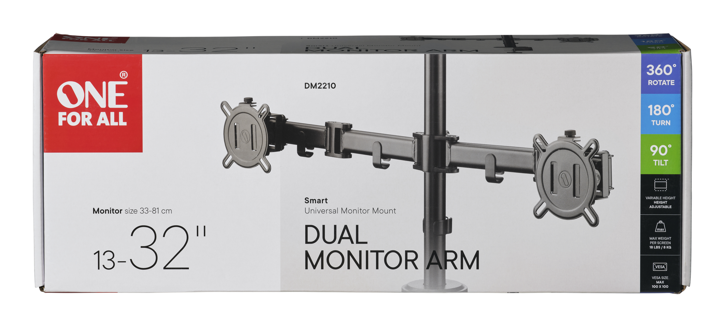 Verpackter Dual-Monitor-Arm mit Markennamen und Spezifikationen auf der Box.