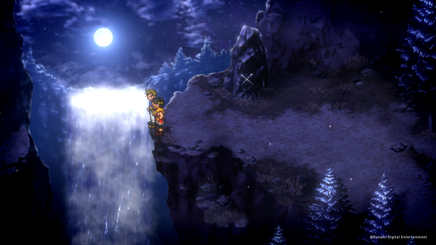 Gepixeleerde game-scene: Personages op een klif met uitzicht op een waterval 's nachts.
