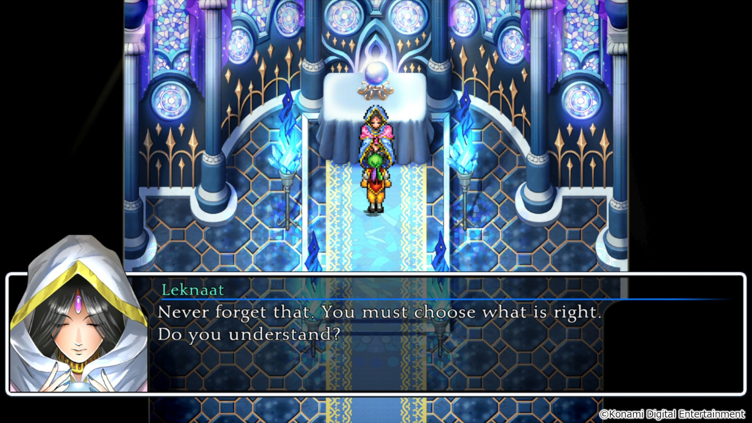 Een scène uit een videogame met een personage dat tegen een figuur in een witte jurk spreekt.