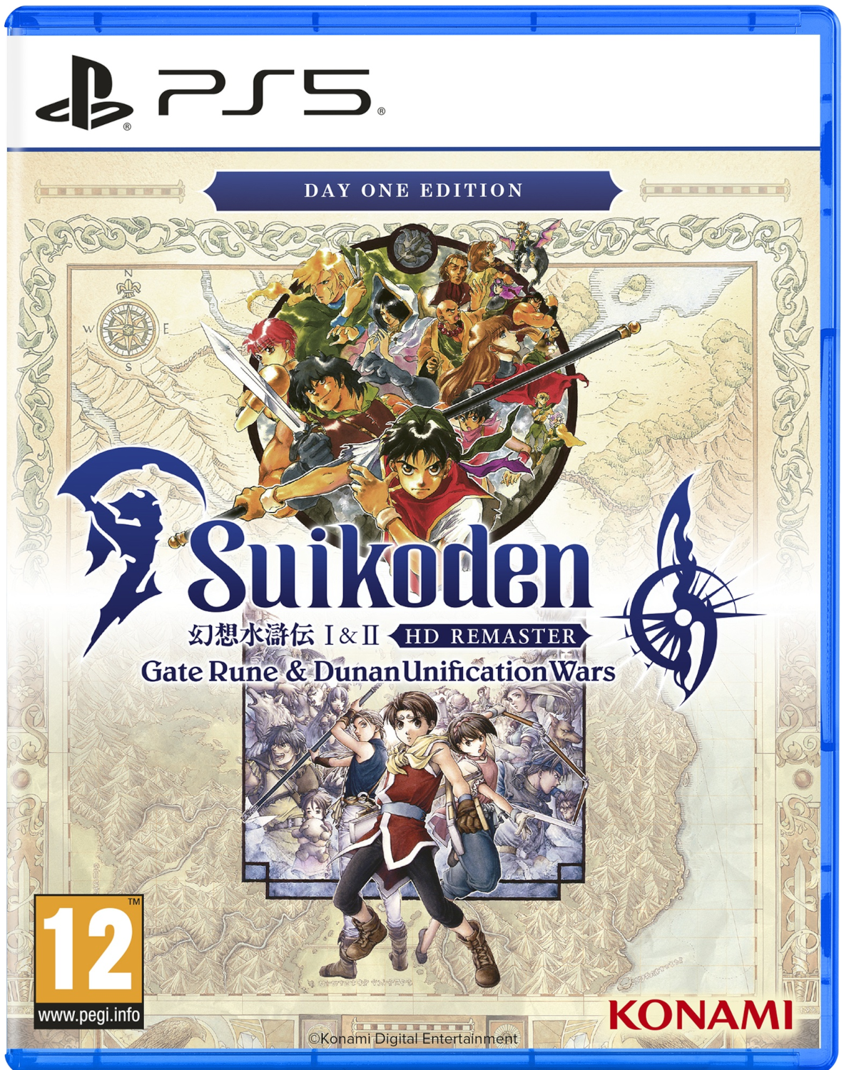 De gamecover voor Suikoden I & II HD Remaster. Het toont personages uit het spel op een kaart.
