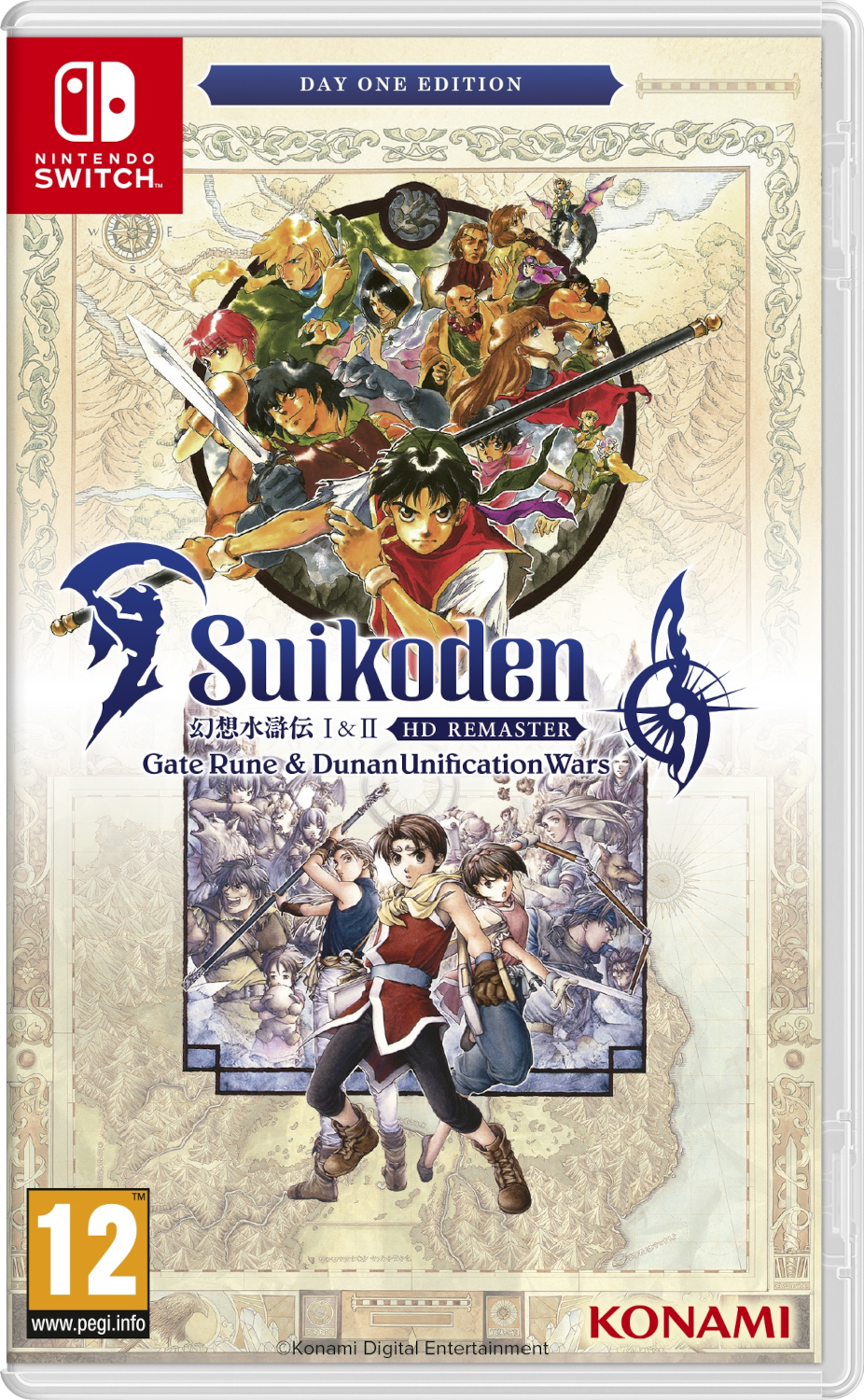 Nintendo Switch gamebox: Suikoden I & II HD Remaster. Personages op de cover. Witte achtergrond.
