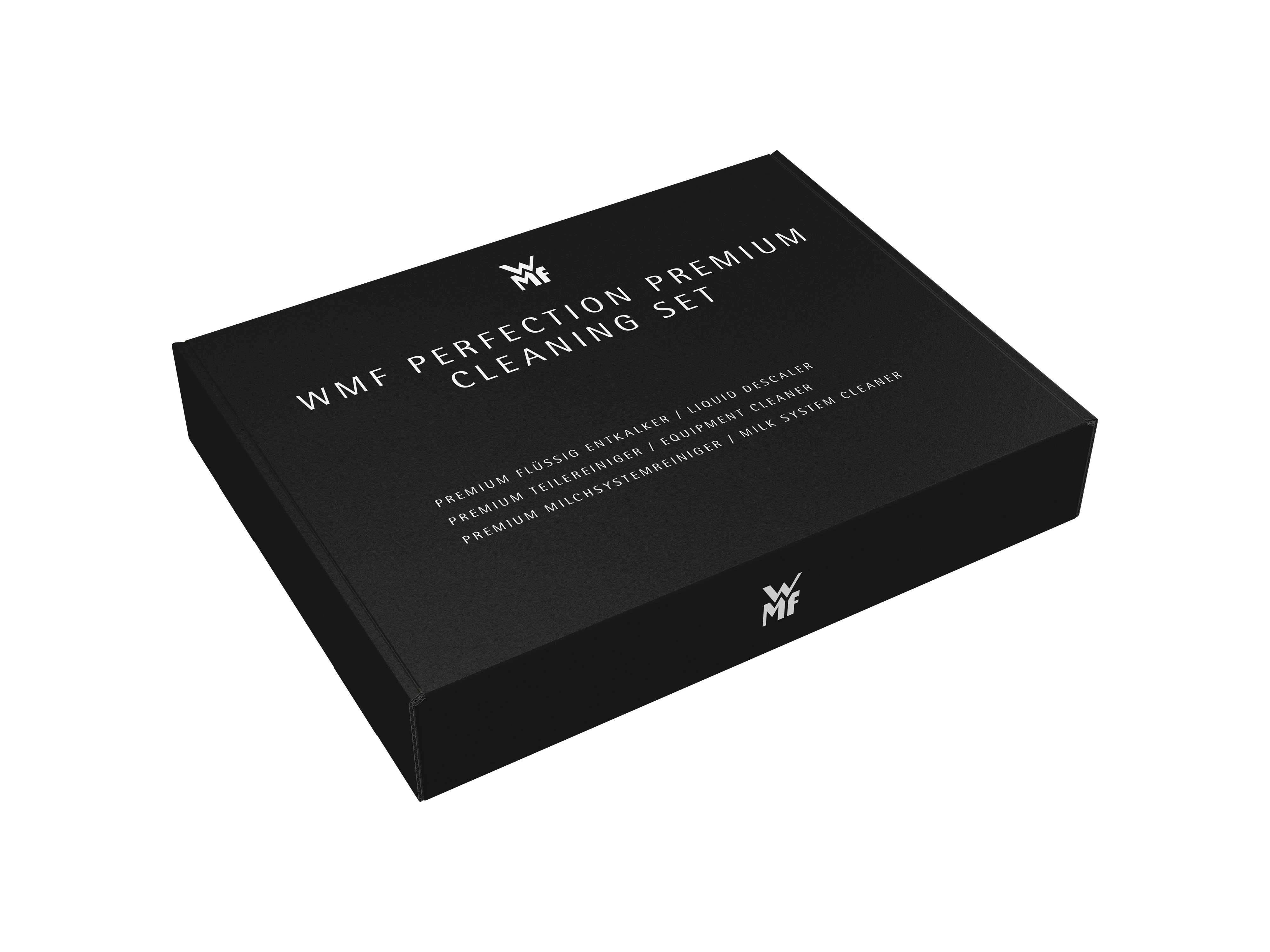 Schwarze Box. Text: WMF Perfection Premium Reinigungsset. Enthält Reinigungsprodukte.