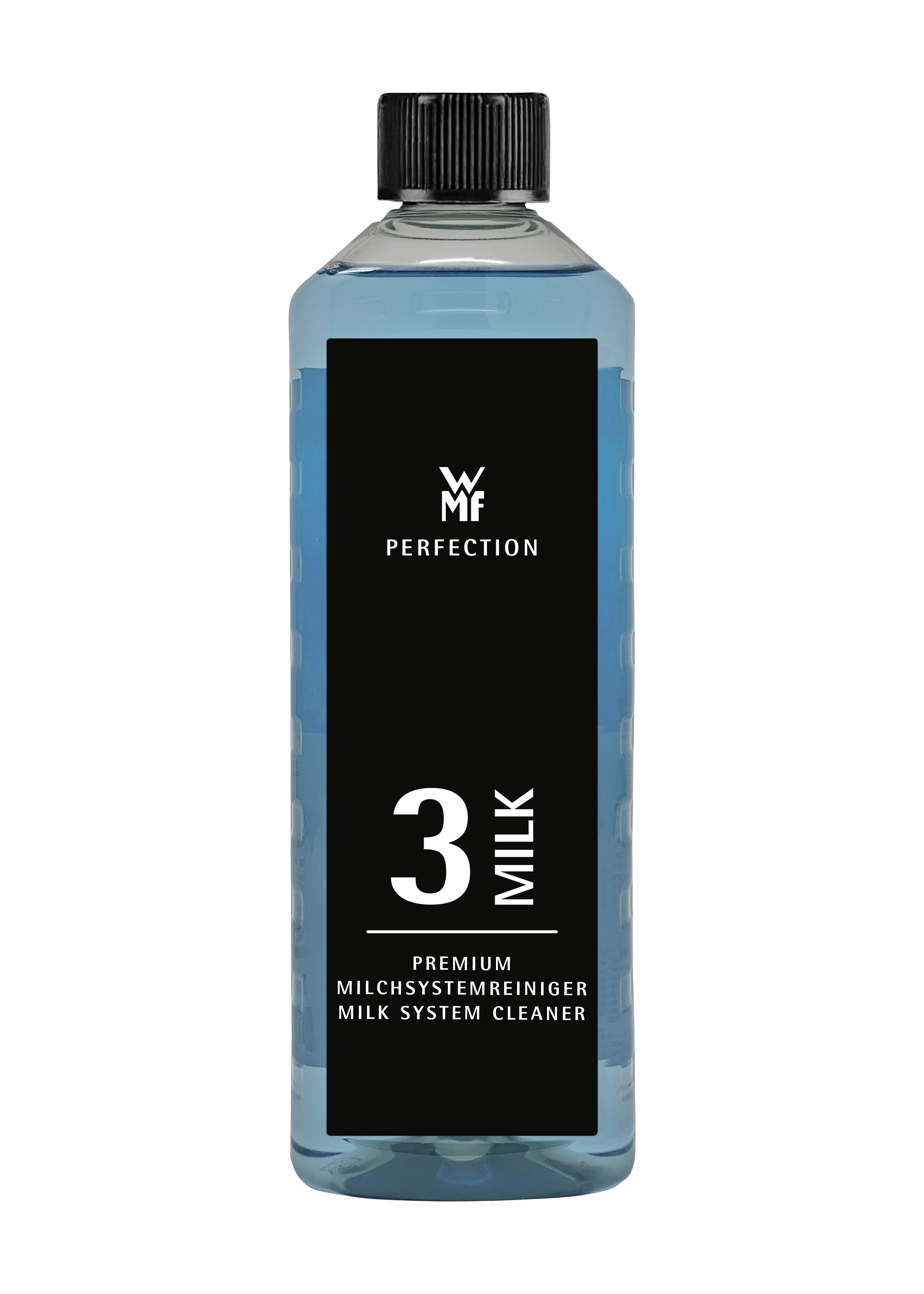 Eine blaue Flasche Milchsystemreiniger mit schwarzem Etikett. Weißer Hintergrund.